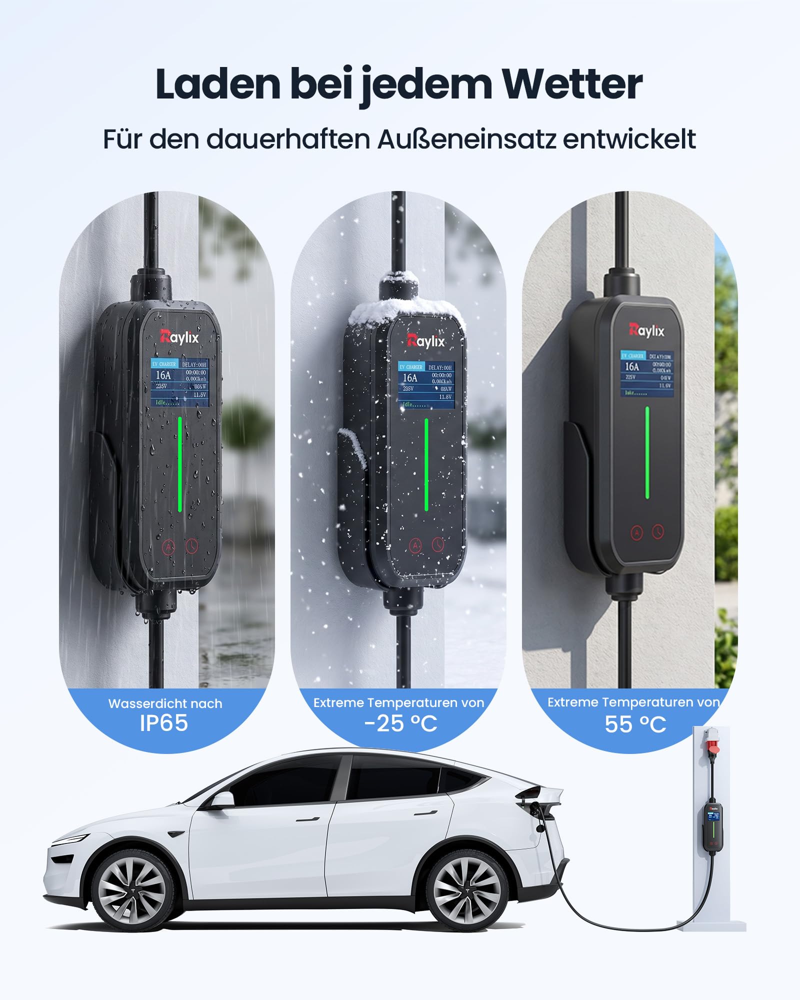 Raylix 2026 Neu 11kW Mobile Wallbox Typ 2 Ladekabel (7m 8A-16A 3-Phasig) mit Stromzähler & Einstellbarem Strom & Verzögertem Laden, Ladekabel CEE 16A auf Typ 2 und Ladestation Ladeziegel EV Charger