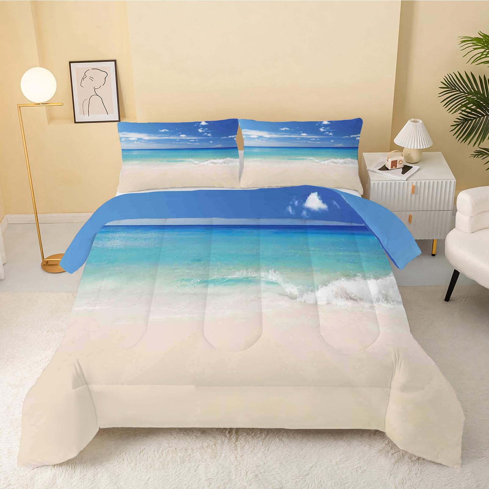 Bettdecke 240x220 Wellen, Strand Bettdecke Ohne Bezug, 4 Jahreszeiten Bettdecke Wende 240GSM, Warme Weiche Bettdecken Ganzjahresdecke Waschbar Steppdecke 240x220 cm mit 2 Kissenbezug 80x80cm