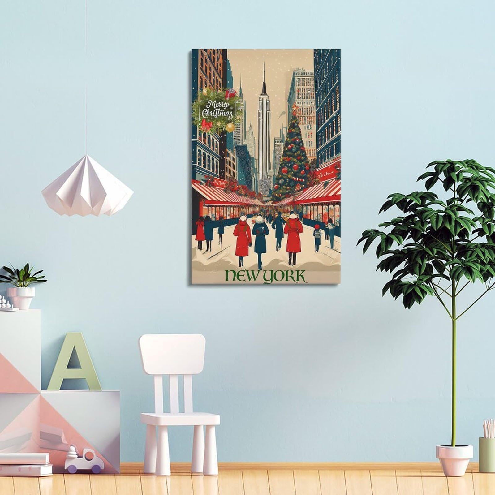 CWLLOG Stampa artistica da parete su tela, poster natalizio a New York, mercato della neve, festival urbano, decorazione moderna per soggiorno e camera da letto, 40 x 60 cm