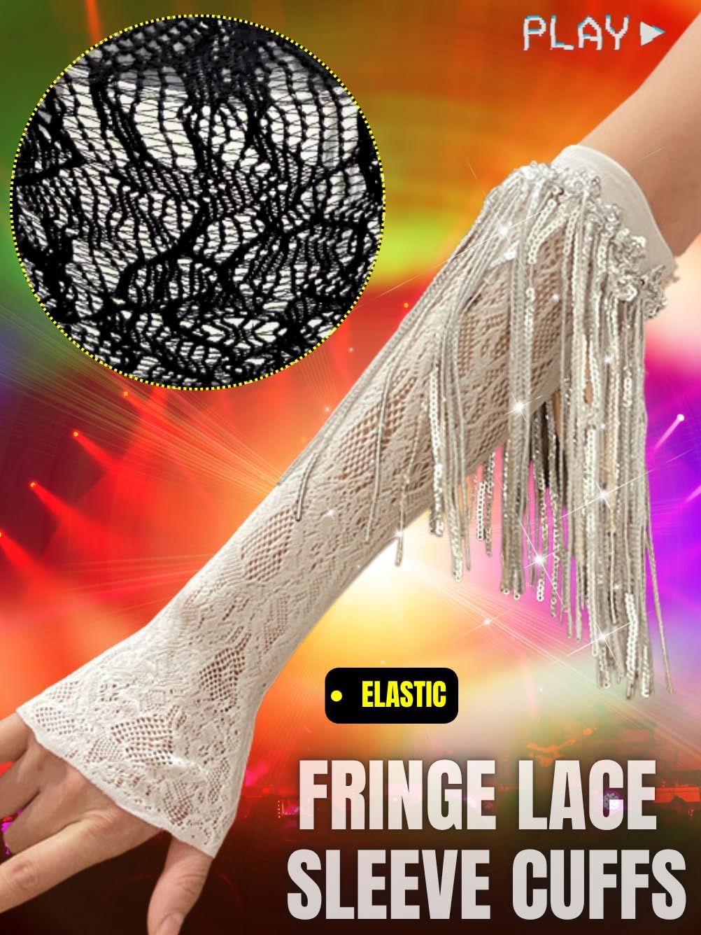 Sequin Fringe Gloves,Fingerless Lace Arm Sleeves For Women,Sparkly Rave Party Costume Fits US 0-8 - Image 2
