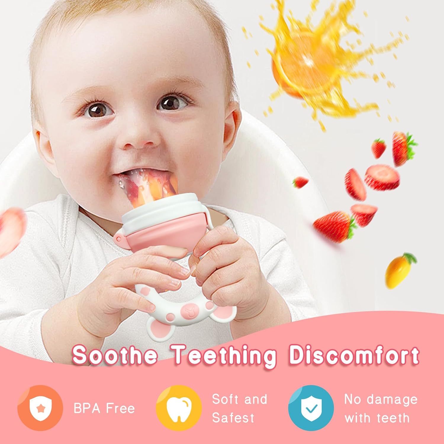 Baby Fruit Feeder and Silicone Teether, 2 Pack with 4 Silicone Pouches in 3 Sizes (Bear- Blue Pink)