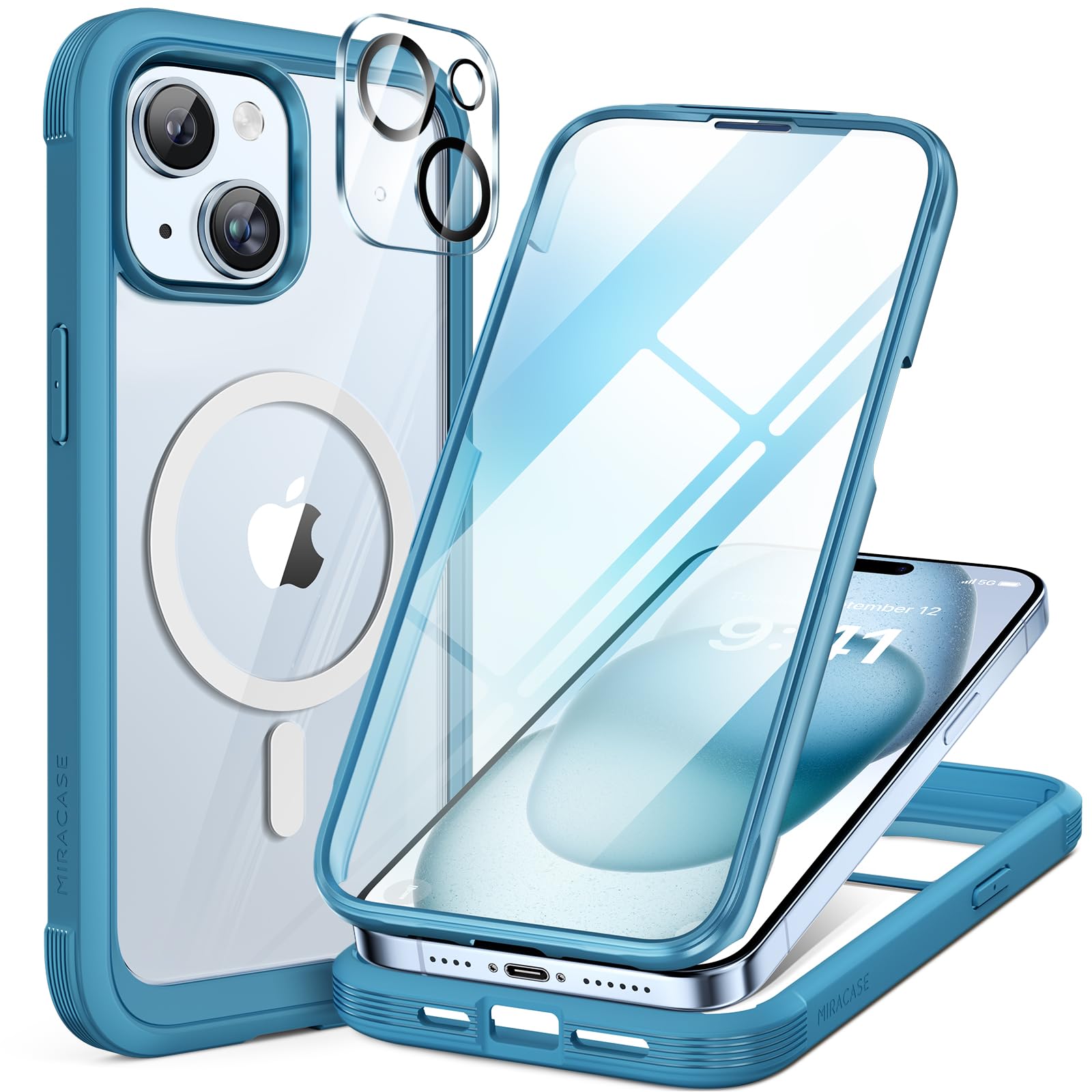 Miracase Glass Series for iPhone 15 Case [Compatible with MagSafe] Full-Body Magnetic Bumper Case with Built-in 9H Tempered Glass Anti-Fingerprint Screen Protector + Camera Lens Protector, Sea Blue