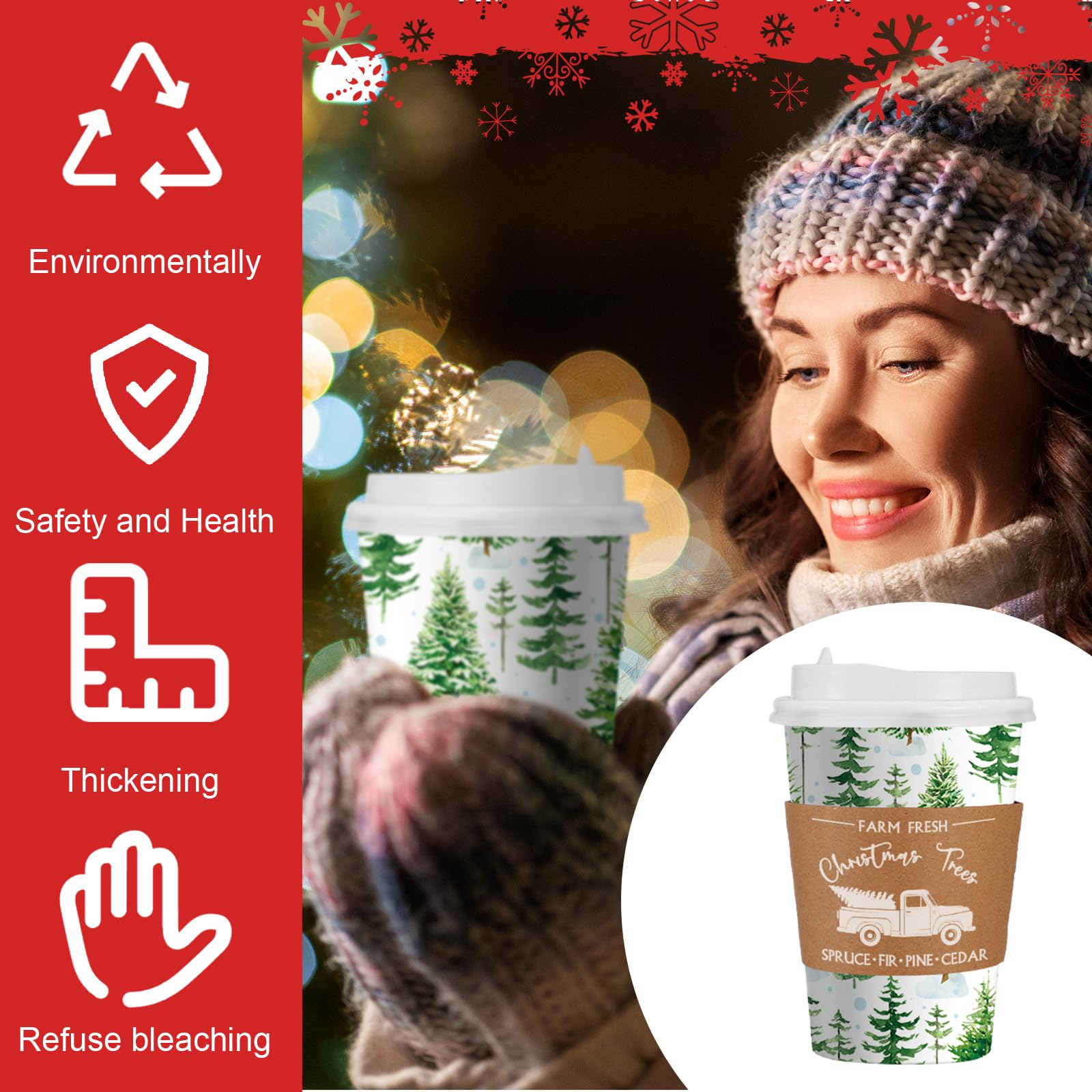 Suttmin 72 Sets/ 216 Pcs Christmas Paper Cups 16 oz Disposable Coffee Cups with Lids and Sleeves Xmas Hot Cocoa Coffee Cups for Hot Cold Drinks Hot Chocolate Christmas Party Supplies (Bright)