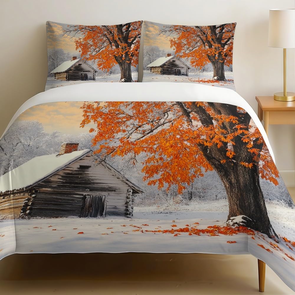 Housse de couette 240x260 scène d'hiver blanche en microfibre avec ses 2 taies d'oreiller