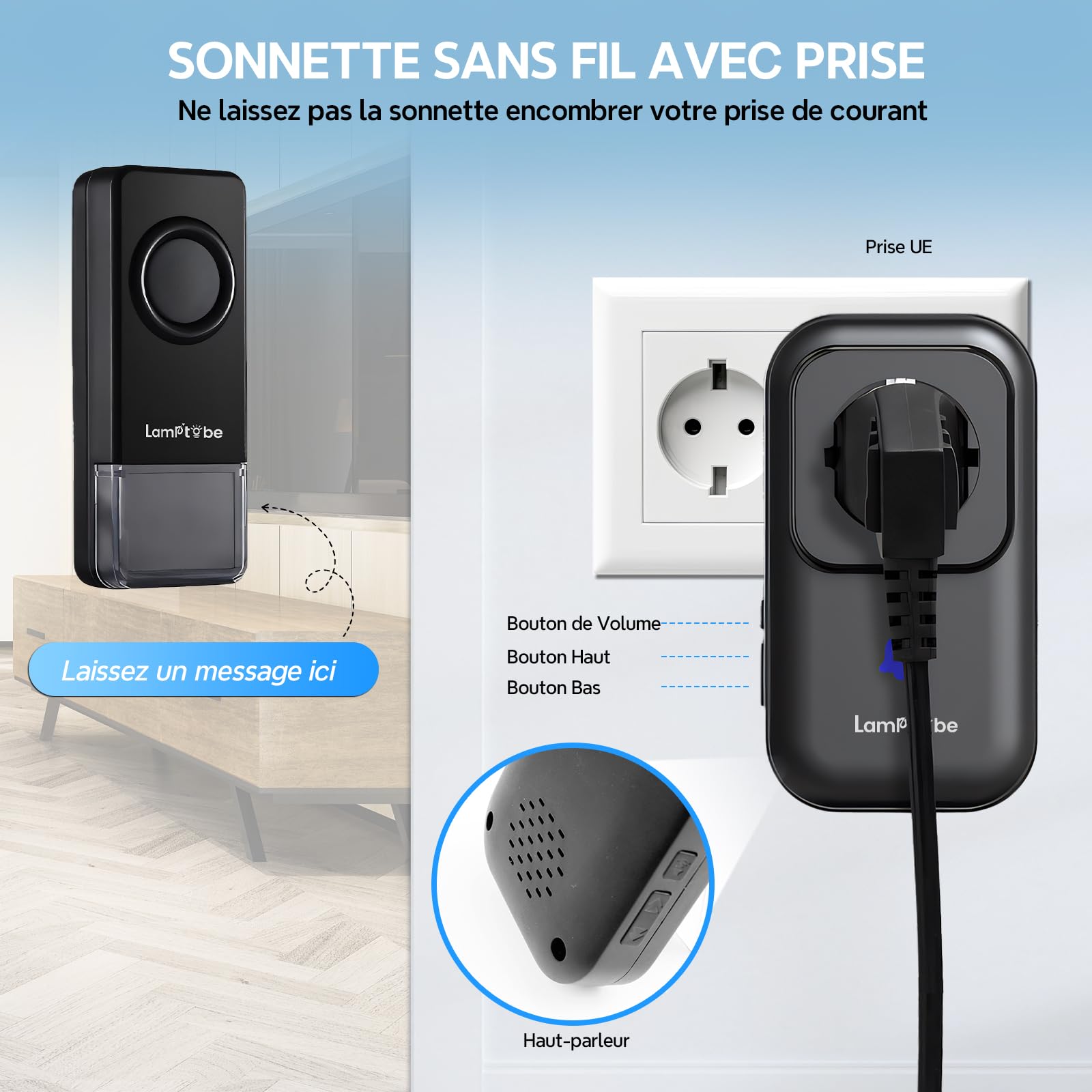 Sonnette Sans Fil Prise Secteur 400 Mètres, Sonnette de Porte Sans Fil Exterieur Etanche IP55, 58 Mélodies 5 Niveaux Volumes, Sonnette pour Maison, Bureau, Hôtel, Noir (1-set)