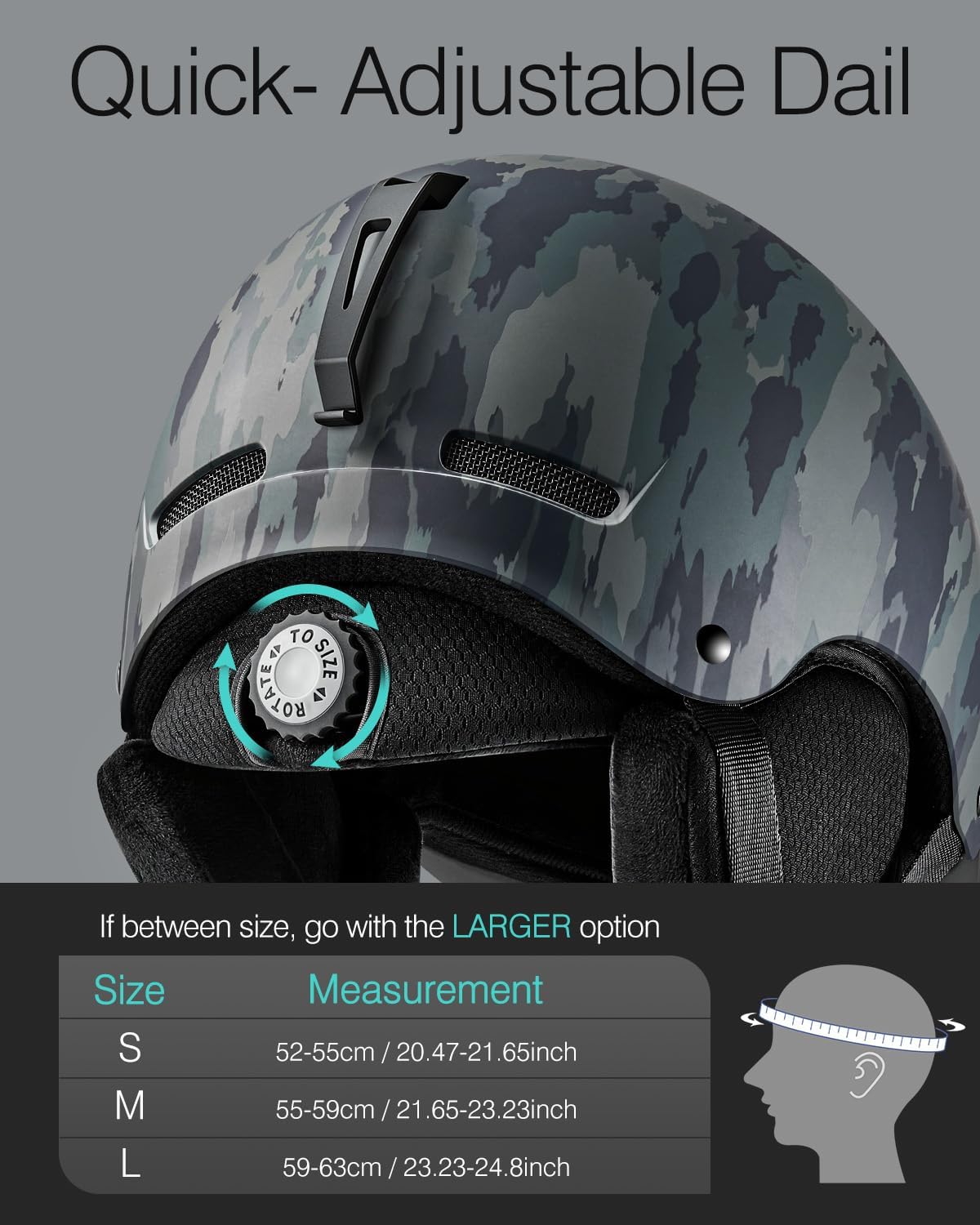 Odoland Adult Ski Helmet for Men & Women - Snowboard Helmet with Adjustable Dial Fit System, ASTM Safety Certified, Goggles Compatible for Skiing, Snowboarding