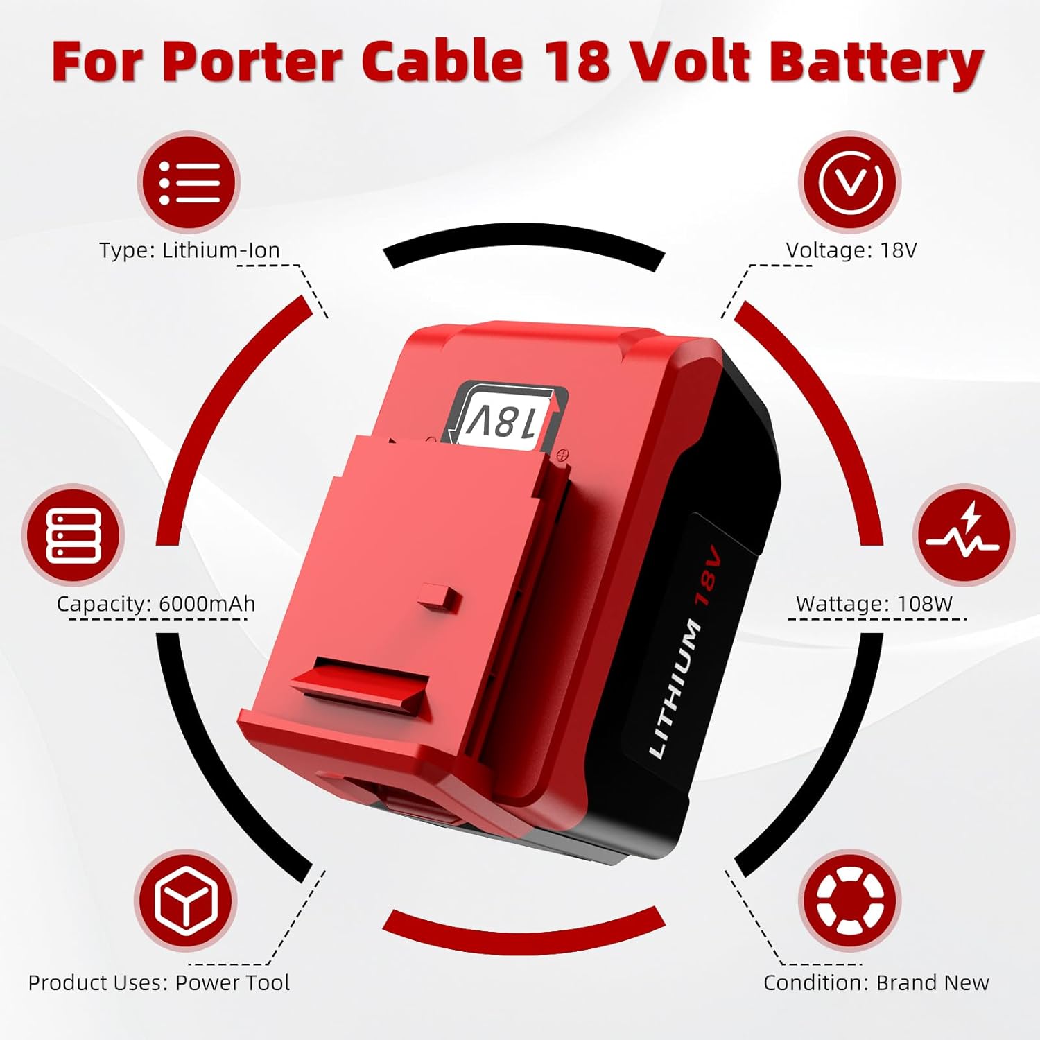 2-Pack 6.0Ah PC18B Lithium Battery for Porter-Cable 18V Tools, Compatible with PCC489N, PC18B-2 Tools & PCMVC, PCXMVC Chargers