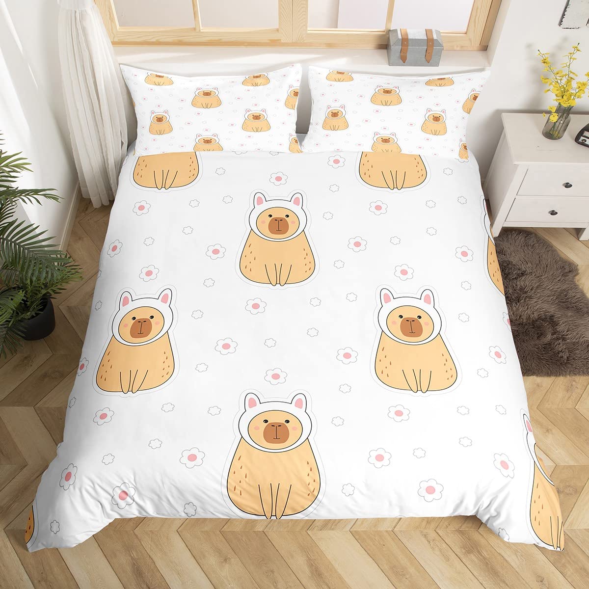 Manfei Cute Capybara Duvet Cover Set Single Size, South America Rodents Comforter Cover with 1 Pillowcase, Cartoon Animals Bedding Set 2pcs for Kids Boys Girls Room Decor Lightweight Bedspread Cover
