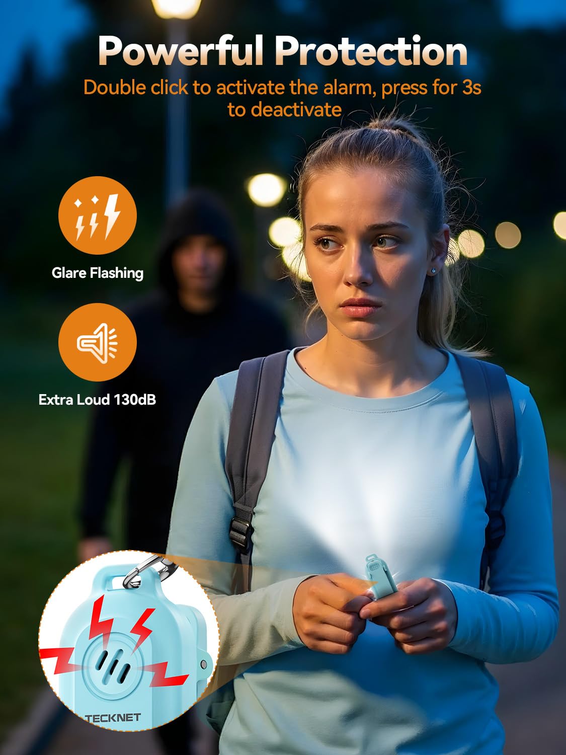 TECKNET 130dB Personal Alarms for Women with SOS Strobe Light Rechargeable Clip On Torch & IPX4 Waterproof Running Lights - Image 4