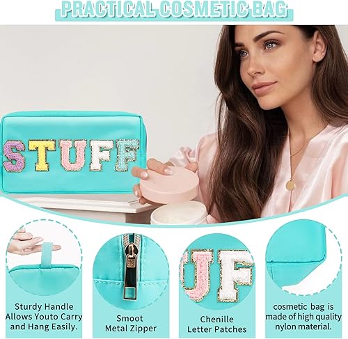 Miniatura 9 de UIXIZQ Preppy - Bolsa de cosméticos de nailon para mujeres y niñas, bolsa de maquillaje portátil con parches de letras de chenilla, bolsa
