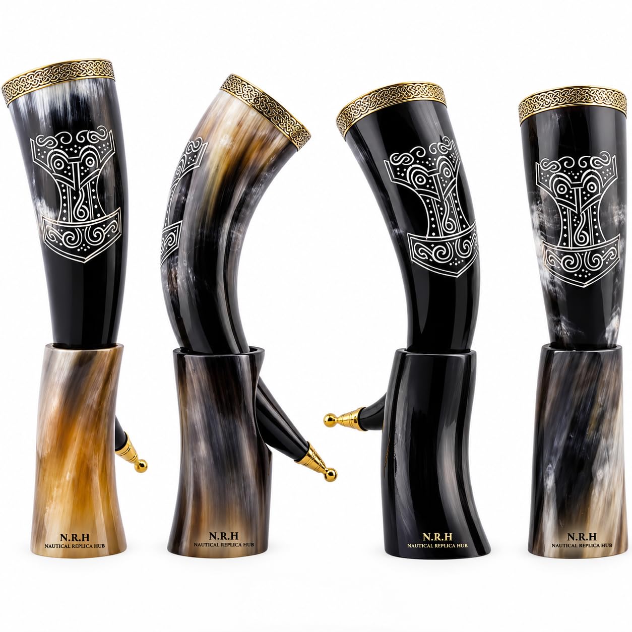 Trinkhorn-Set Met Ale Authentisches geschnitztes Wikinger-Trinkhorn mit Ständer für Bier (4er-Set)