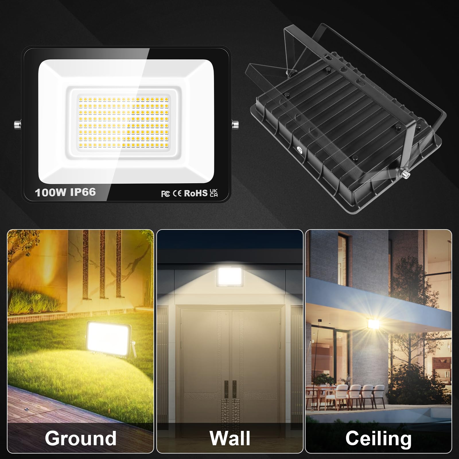 RIGIDON Faretto LED 150W, Faro da Esterno con Spina, Faretti 15000LM Impermeabile IP66, Fari Led Interna ed Esterna 3000K Bianco caldo Fari di Sicurezza per Giardino, Cortile, Garage