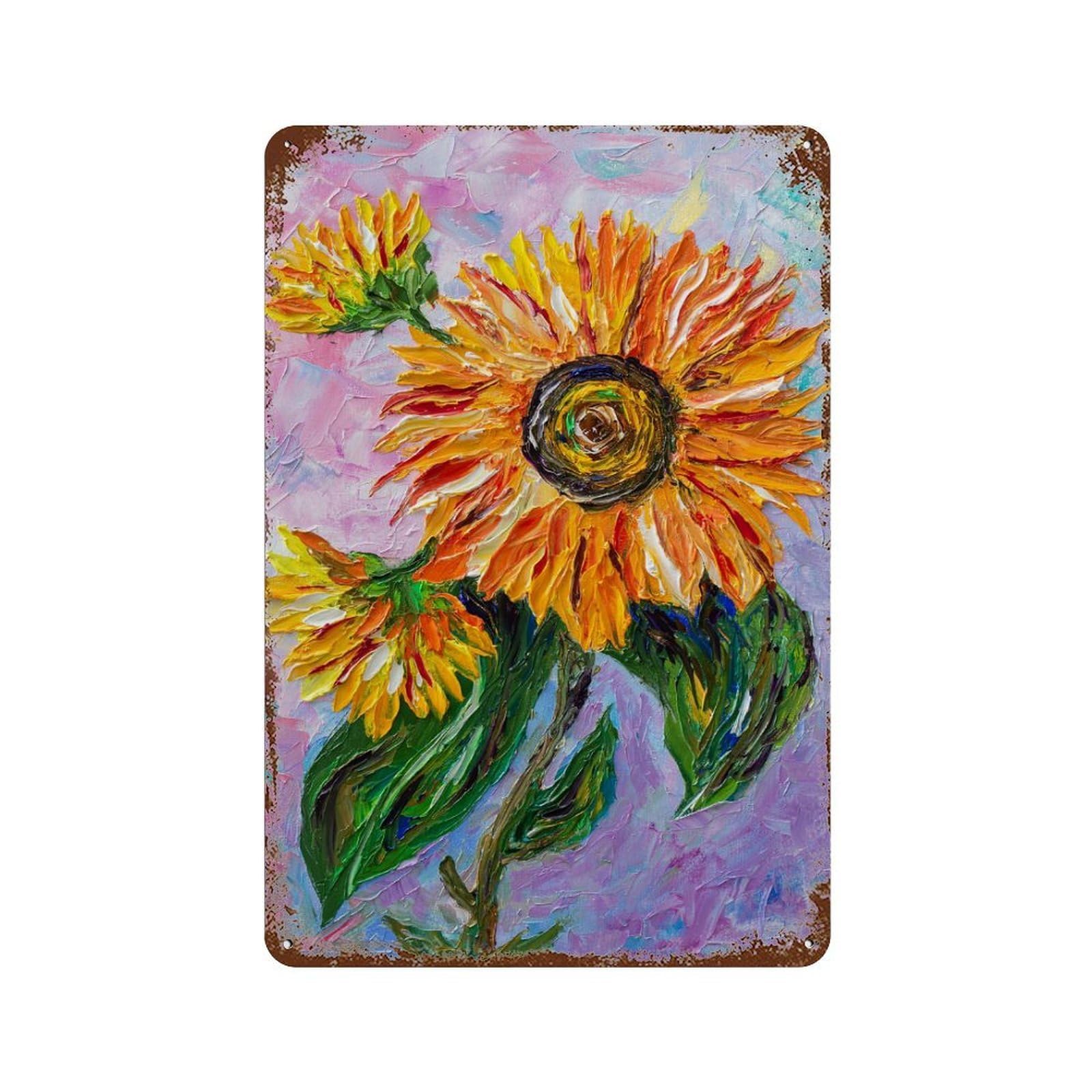 Rust Effect Sunflower Rustic Tin Plaque 11.8"x7.9", Industrial Home Decor for Bistro, Counter And Cafe Decor