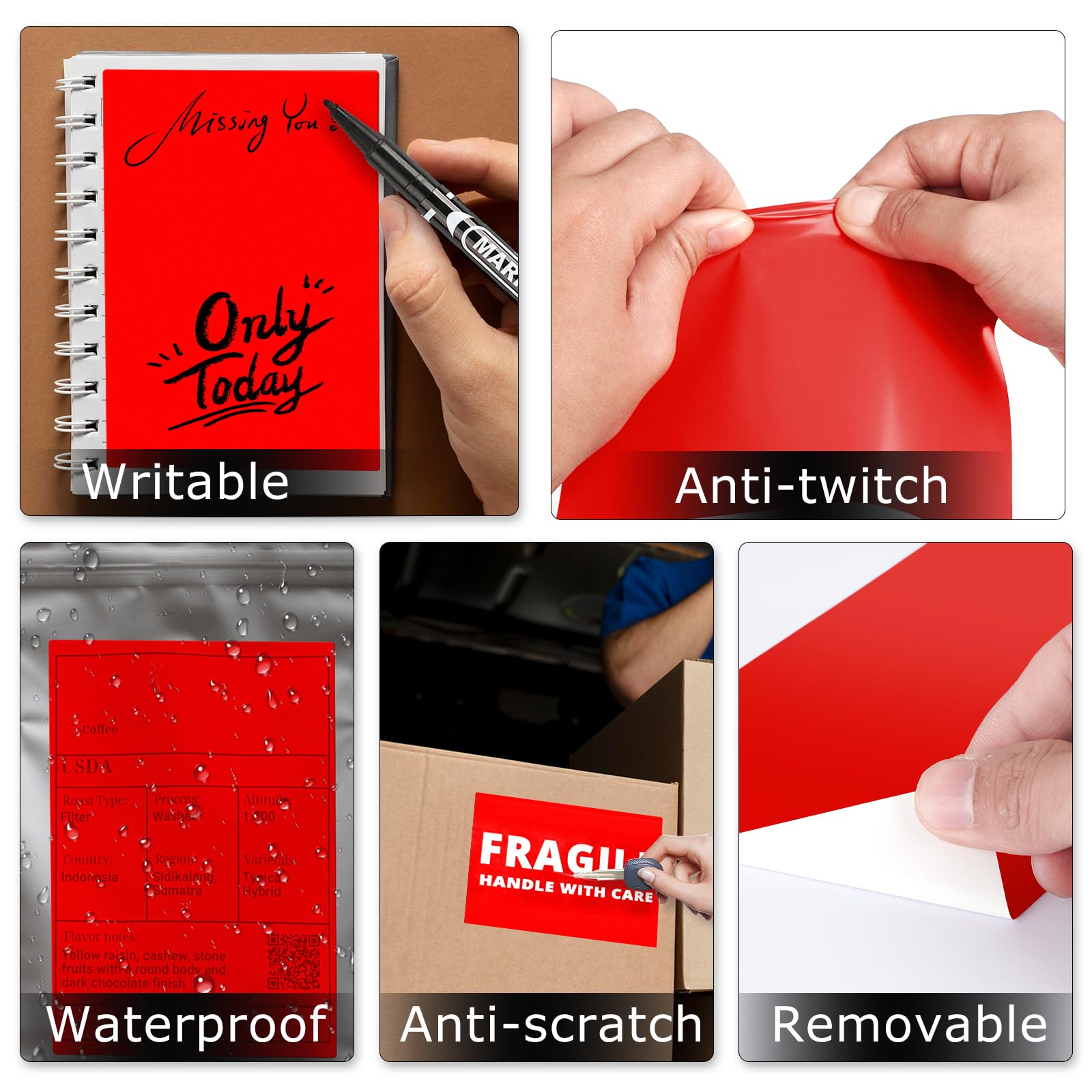 Lot de 250 rouleaux d'étiquettes thermiques rectangulaires en vinyle imperméable pour code QR et adresse de bureau Rouge 15,2 x 10,2 cm