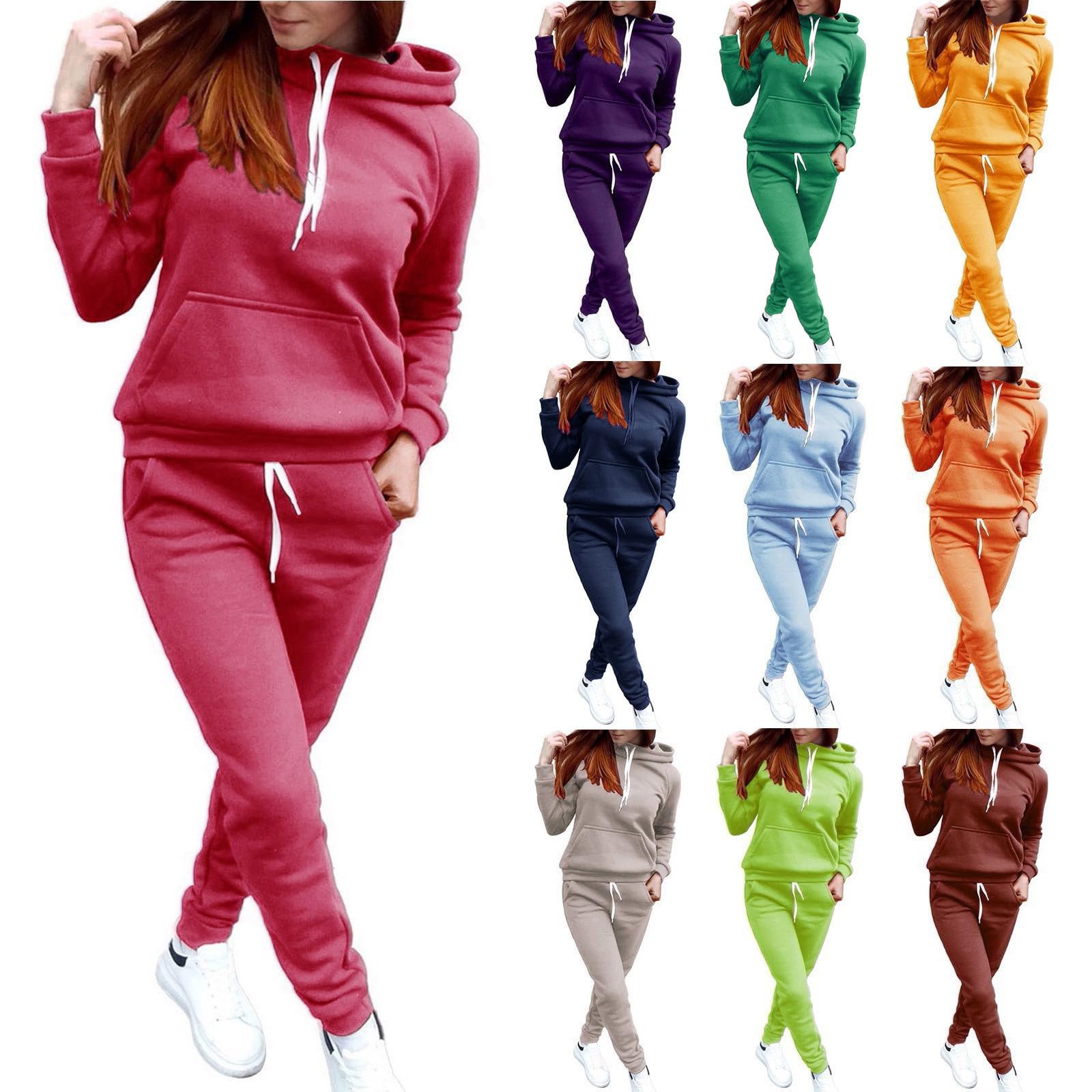 Tenue de loisirs pour femme - Ensemble pyjama côtelé - 2 pièces | Sweat à capuche à manches longues et longue taille élastique, pantalon de loisirs, pyjama avec cordon de serrage et poches