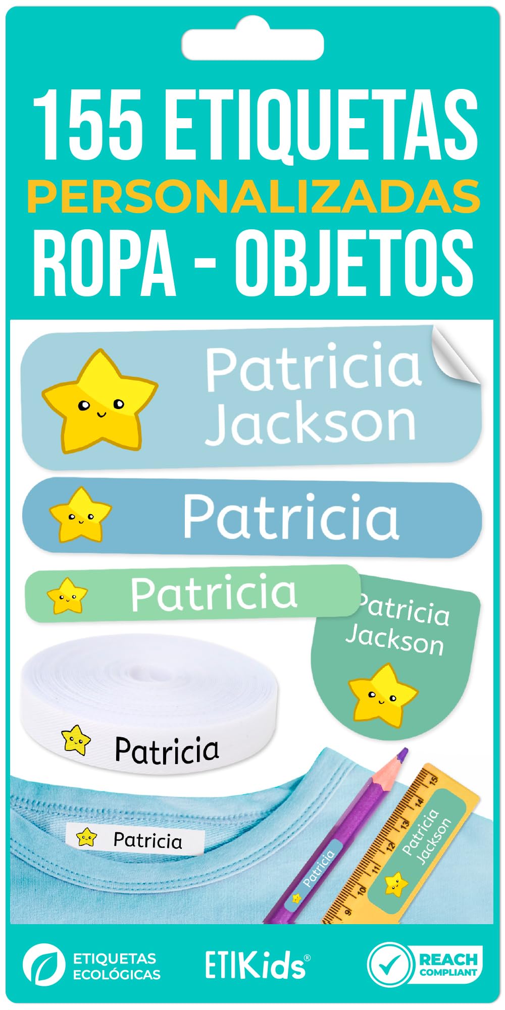 155 Custom Name Labels for Clothing & School Supplies. 100 Eco-Friendly Iron-On Fabric Labels + 55 Waterproof Stickers โ image 1