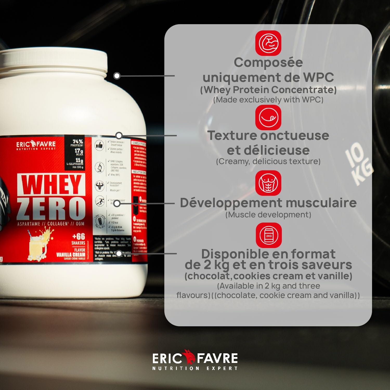 WHEY ZERO +74% de Protéine Whey Concentrée, Faible en Sucre, Construction/Récupération Musculaire - 2kg - Saveur Chocolat - Eric Favre