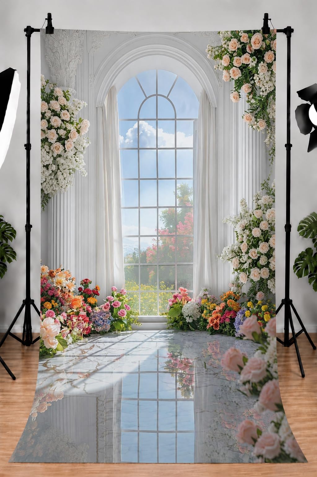 Wedding Flower Photography Backdrop Cloth White Arched Window Floral Garden Background with Marble Floor for Bridal Portraits, Prom, and Romantic Photoshoots Size 8Feet Height & 5Feet Width (8 * 5)-image-14