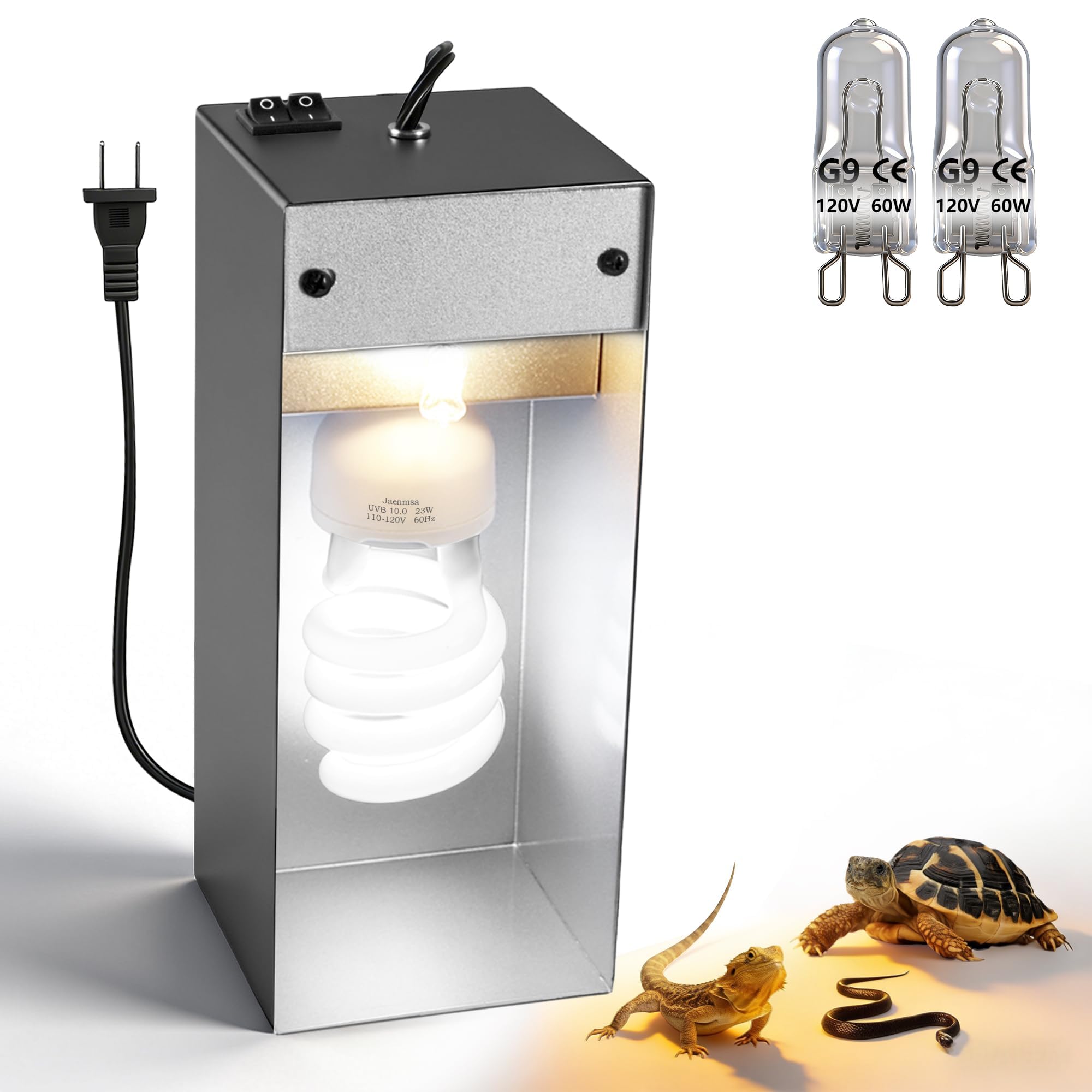 Dual Reptile Heat Lamp Fixture Max 90W with Separate Switches, 23W 10.0 UVB Light & 2 Pcs 60W Halogen Heat Lamp for Reptiles, Bearded Dragon, Lizard, Turtle, Snake