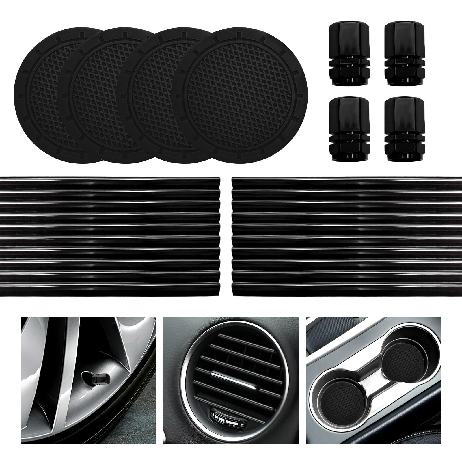 Yourkar 28 PCS Car Interior Parts Set, Decorative Auto Air Conditioning Trim Strip & Hex Auto Tire Stem Cover, Universal Anti-Slip Silicone Vehicle Coasters, Car Accessories (Black)