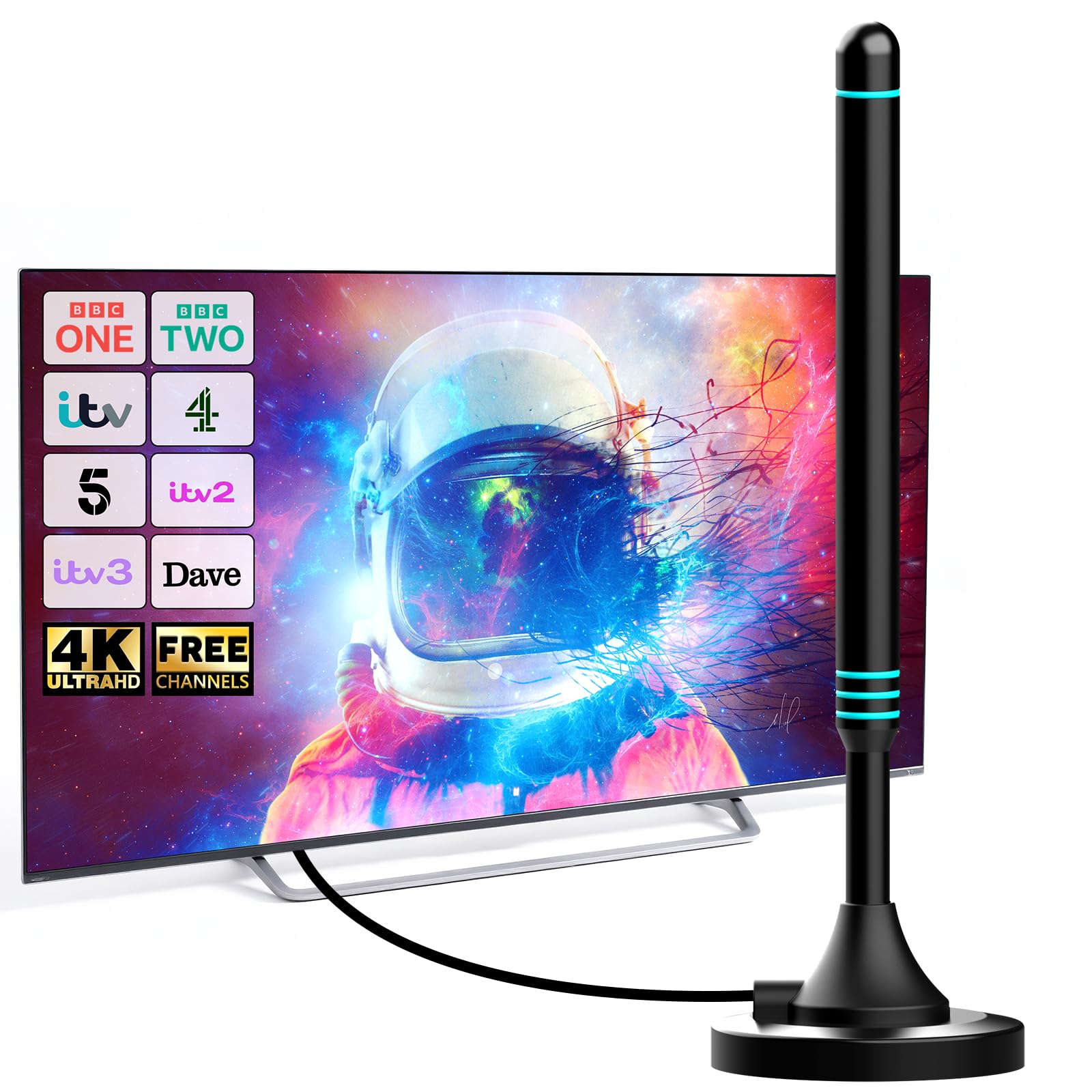 Antenne TV intérieure avec base magnétique, antenne TV pour Smart TV, antenne TV numérique intérieure compatible avec tous les téléviseurs, réception à 360°, prend en charge 4K 1080p HD, câble coaxial