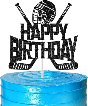 Hockey Happy Birthday Cake Topper, Ice Hockey Player Lover Fans Birthday Decorations, Winter Sports Birth Day Party Decoration Supplies, Sports Themed Party Decor Black Glitter