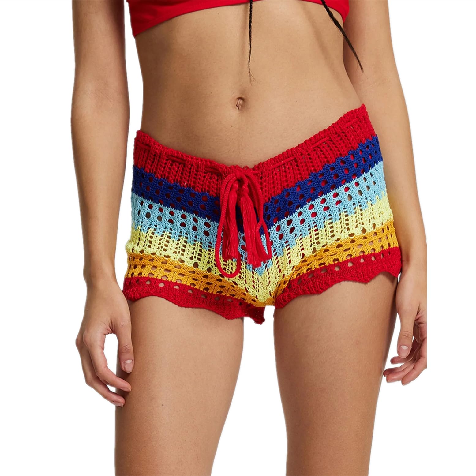 Pantaloncini da donna in maglia all'uncinetto, increspati, a strati, plissettati, estivi, autunno, spiaggia, festival musicali