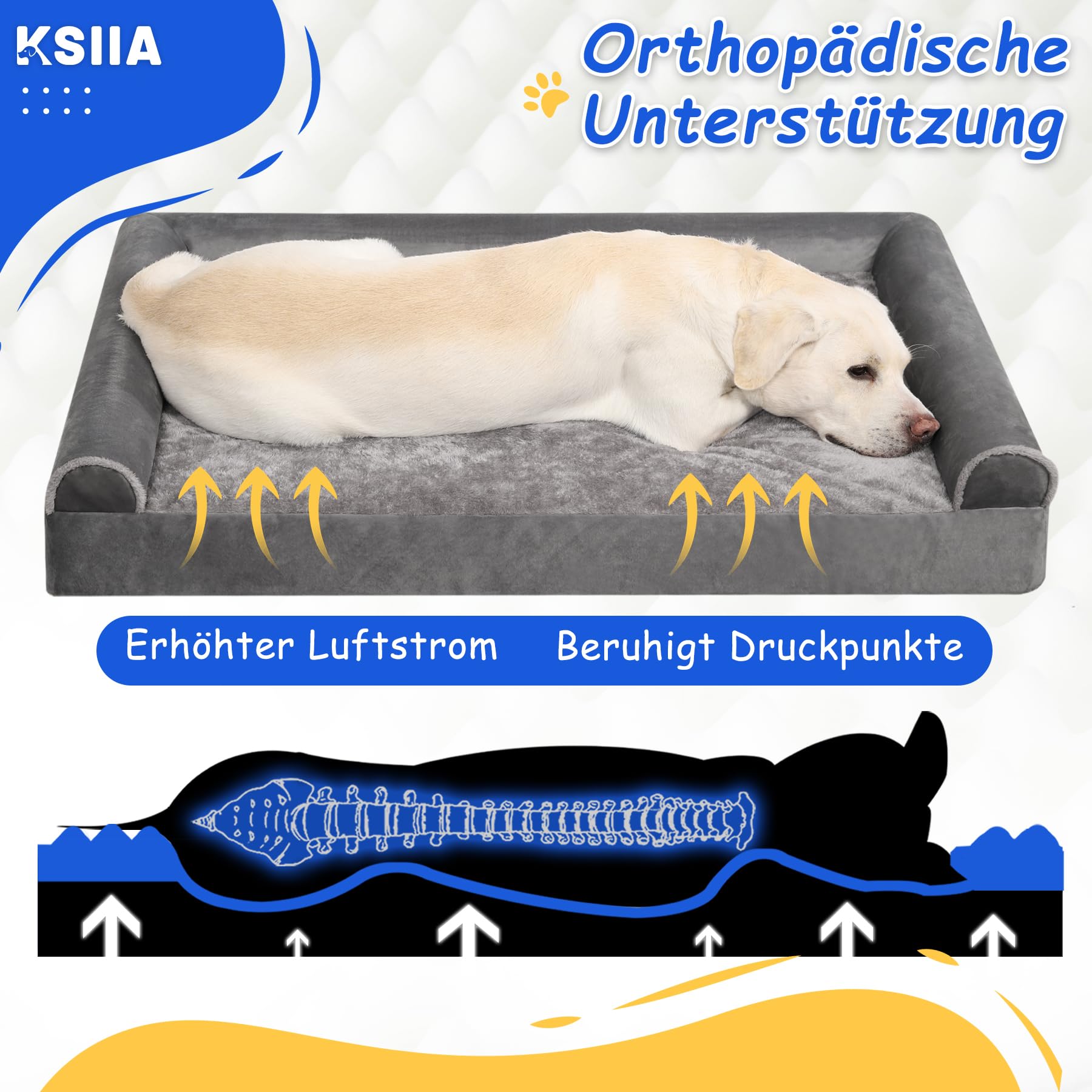 KSIIA Orthopädisches Hundebett Grosse Hunde XL Hundekorb, Grau 105x70x18cm