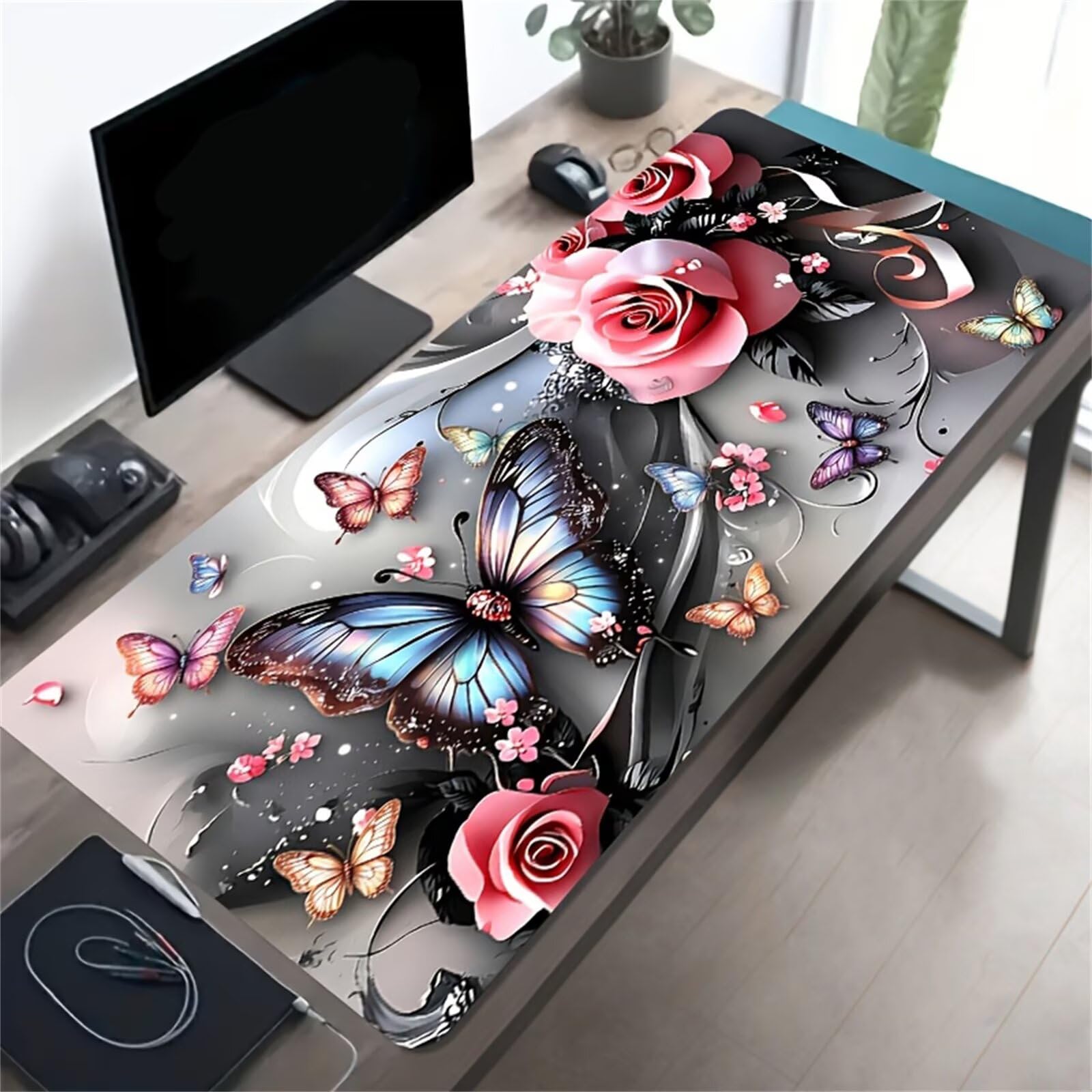 Tappetino per Mouse da Gioco XXL 1200x600x3 mm, Desk Pad Grande con Bordi Cuciti, Base in Gomma Antiscivolo, Accessorio per Ufficio e PC (Farfalla Rosa)