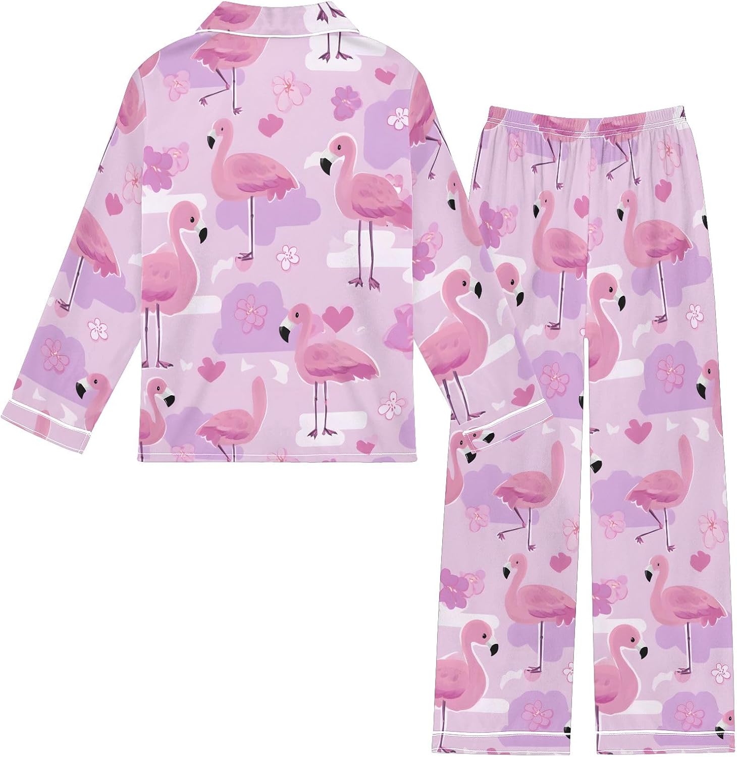 Kids Casual Satin Wear Set Purple Flamingo Heart Pattern Unisex Relaxed Fit Clothing