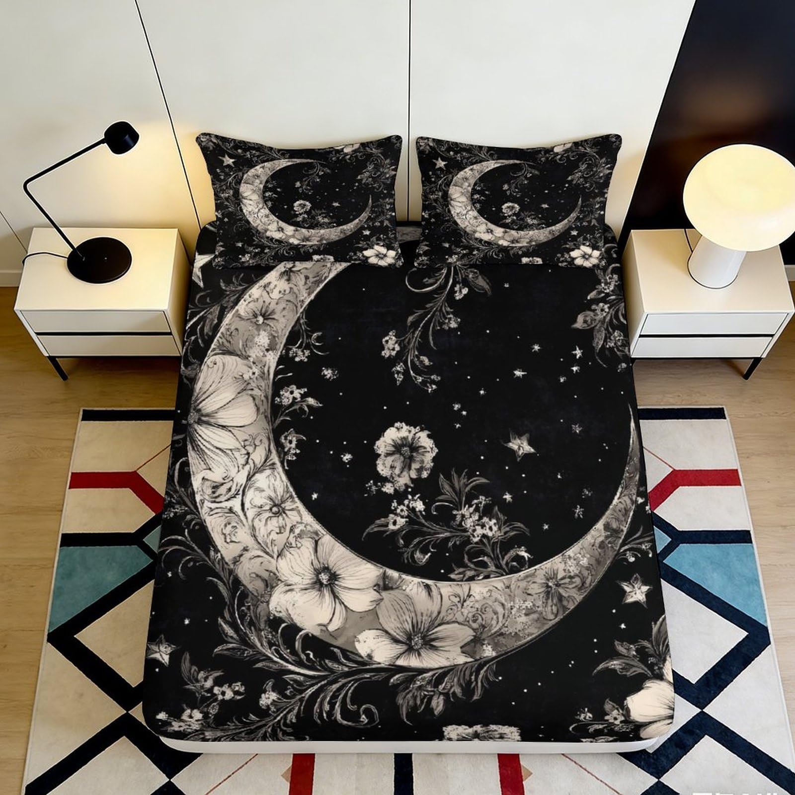 3D Printed Crescent Moon Fitted Sheet Microfiber Soft Breathable Floral Stars Bed Cover for Bedroom Dormitory Guest Room Mattress Protection Decor 180x200x25cm