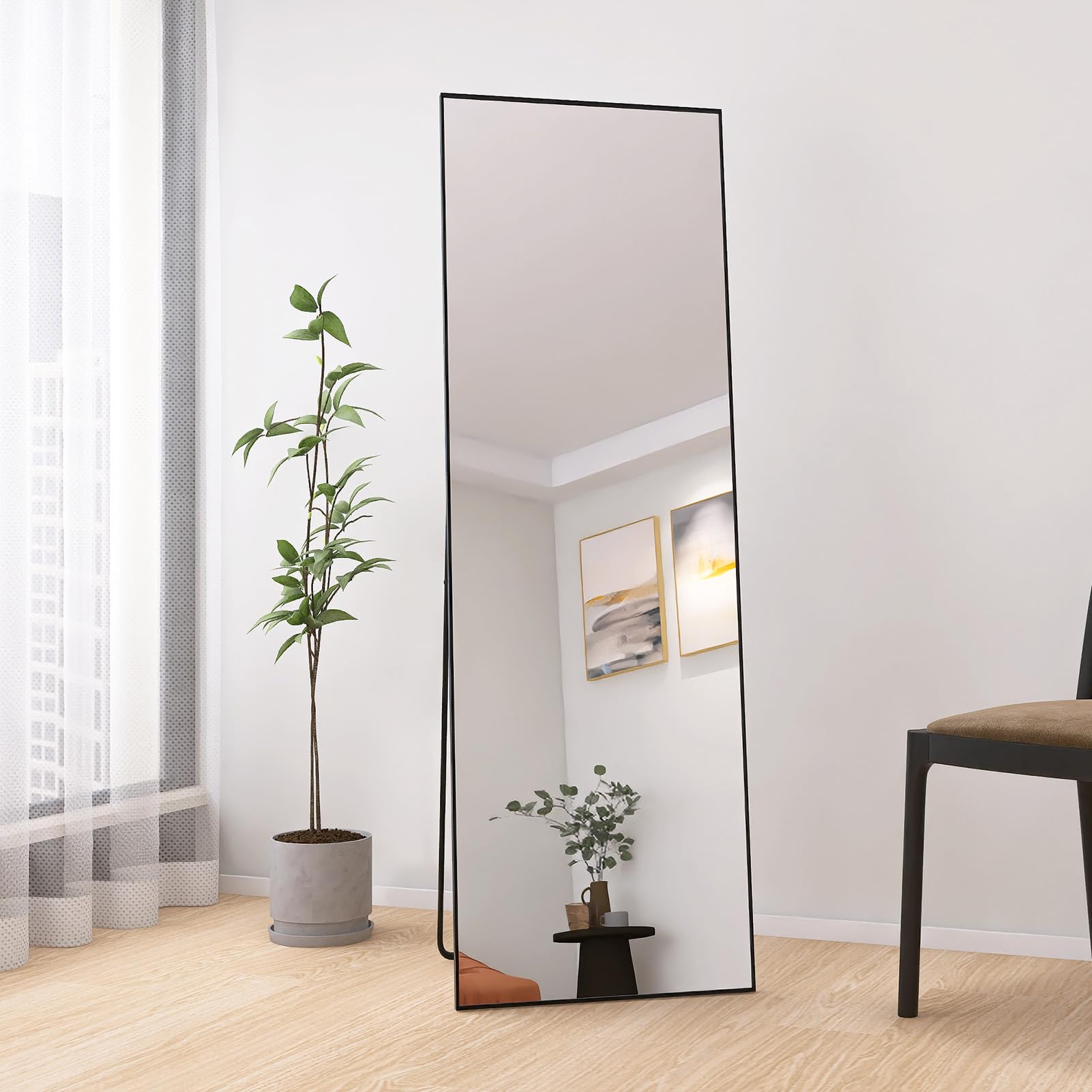 Specchio Pieno Lunghezza 162 x 53 cm, Grande Specchio da Pavimento Rettangolare da Appendere o Inclinare, Telaio in Lega di Alluminio Nero, Specchi su Piede per Soggiorno Camera