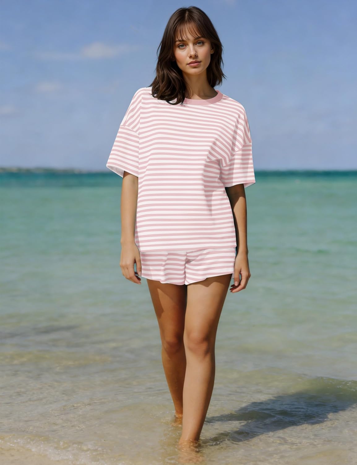 Ythomm Striped Pajamas Shorts Sets Women 2 Piece Lounge Outfits Short Sleeve Tees Drawstring Shorts Summer Matching Pj Sets - Image 6