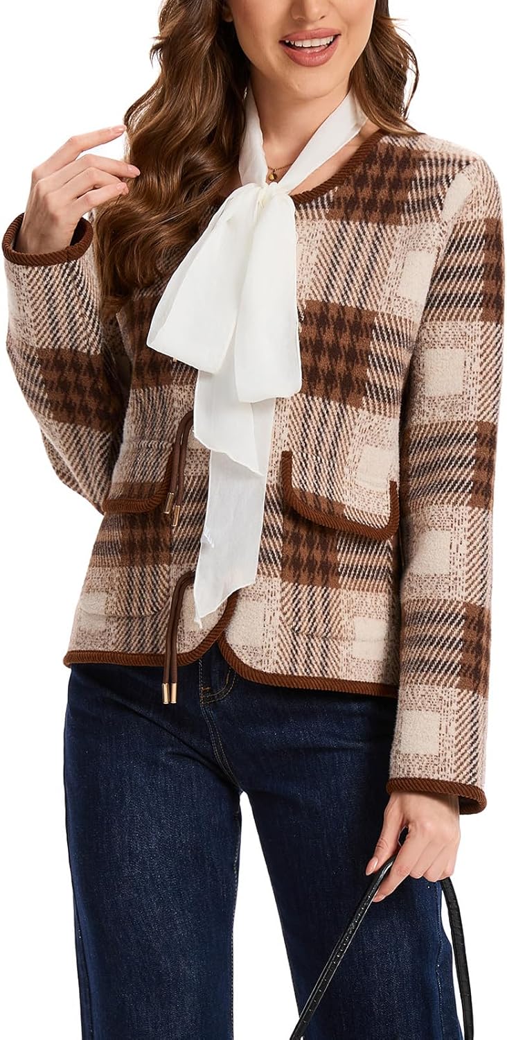 HOULENGS Women's Vintage Button Down Cardigan Sweater Plaid Print Long Sleeve Knit Coat Fall Fashion Outerwear with Pockets - Image 5