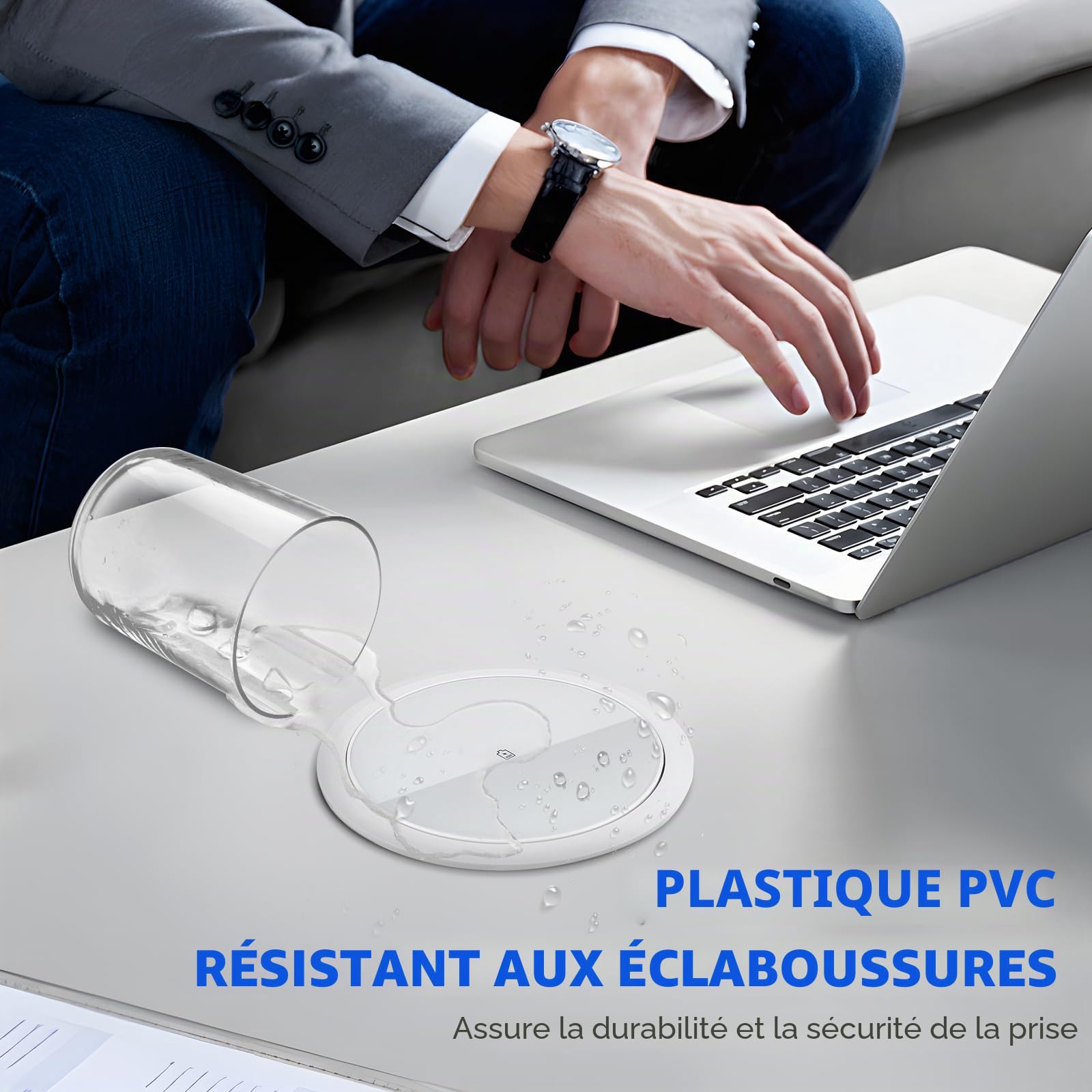 Bloc Prise Encastrable Plan de Travail Multiprise Encastrable, Prise de Table Escamotable 3 Prises avec 1 USB C 1 USB A - Table Rétractable - avec Chargeur sans Fil (Blanc)