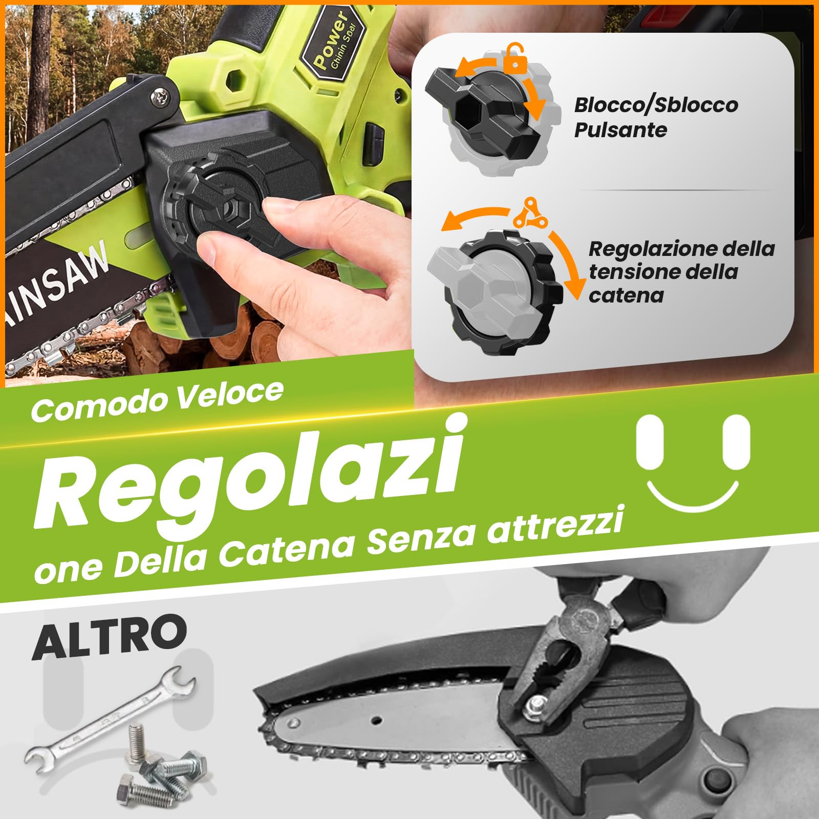 Mini Motosega a Batteria 8 Pollici, 1300W Brushless Motosega Elettrica, 2 x 2000mAh Sega a Batteria per Potatura con Pompetta Olio e Catena di Ricambio, Potatura per il Taglio del Legno Giardini