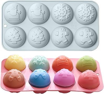 Christmas Chocolate Round Silicone Molds, Christmas Tree Snowflake Snowman Shape Half Sphere Circle Silicone Molds for Hot Chocolate Bomb, Candy Mini Soap, Cake, Jelly, Pudding, and Jello 8-Cavity