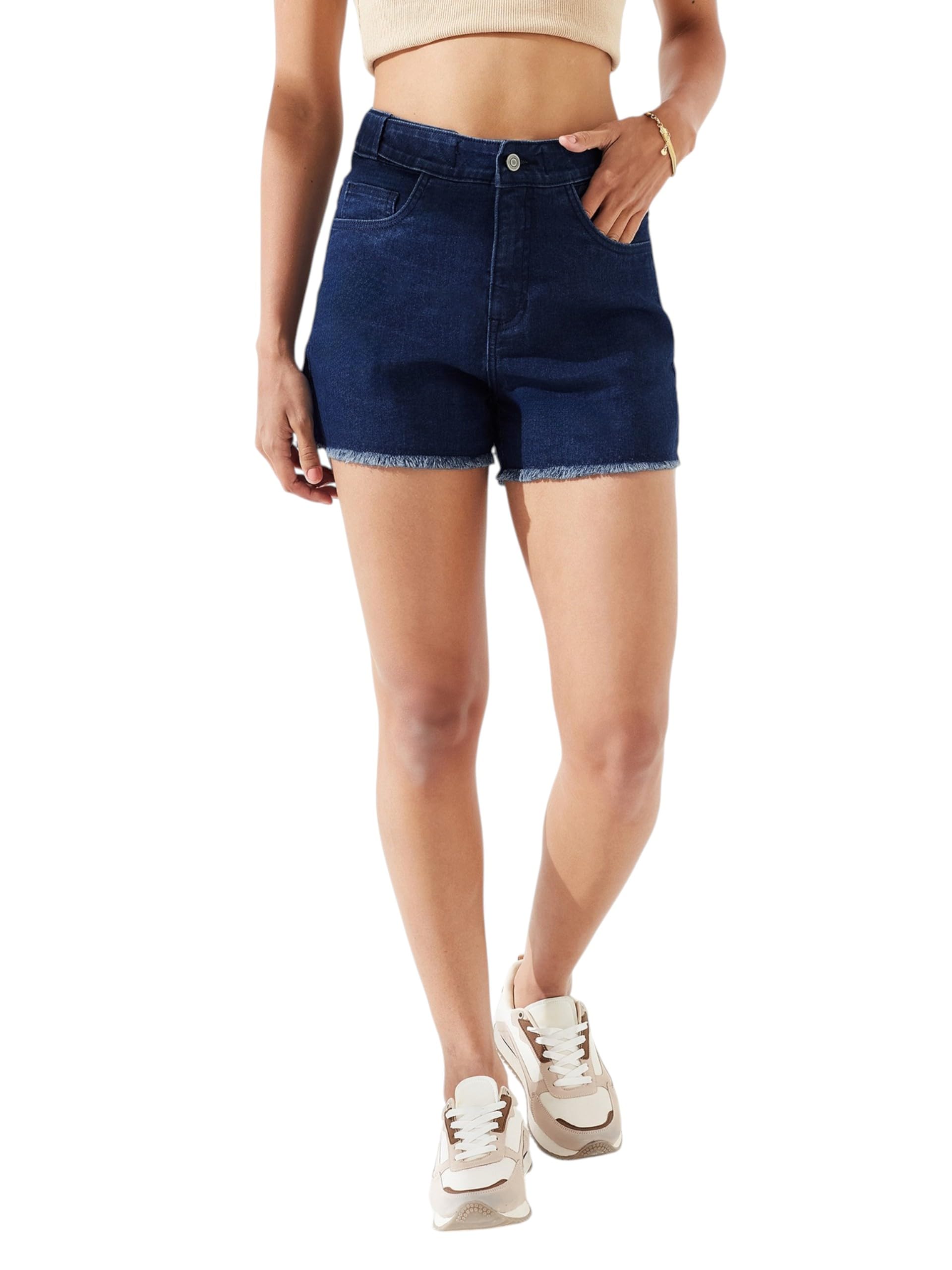 dolce crudo Women's Relaxed Fit Mid-Rise Denim Shorts with Adjustable Waist & Frayed Hem-picture-20