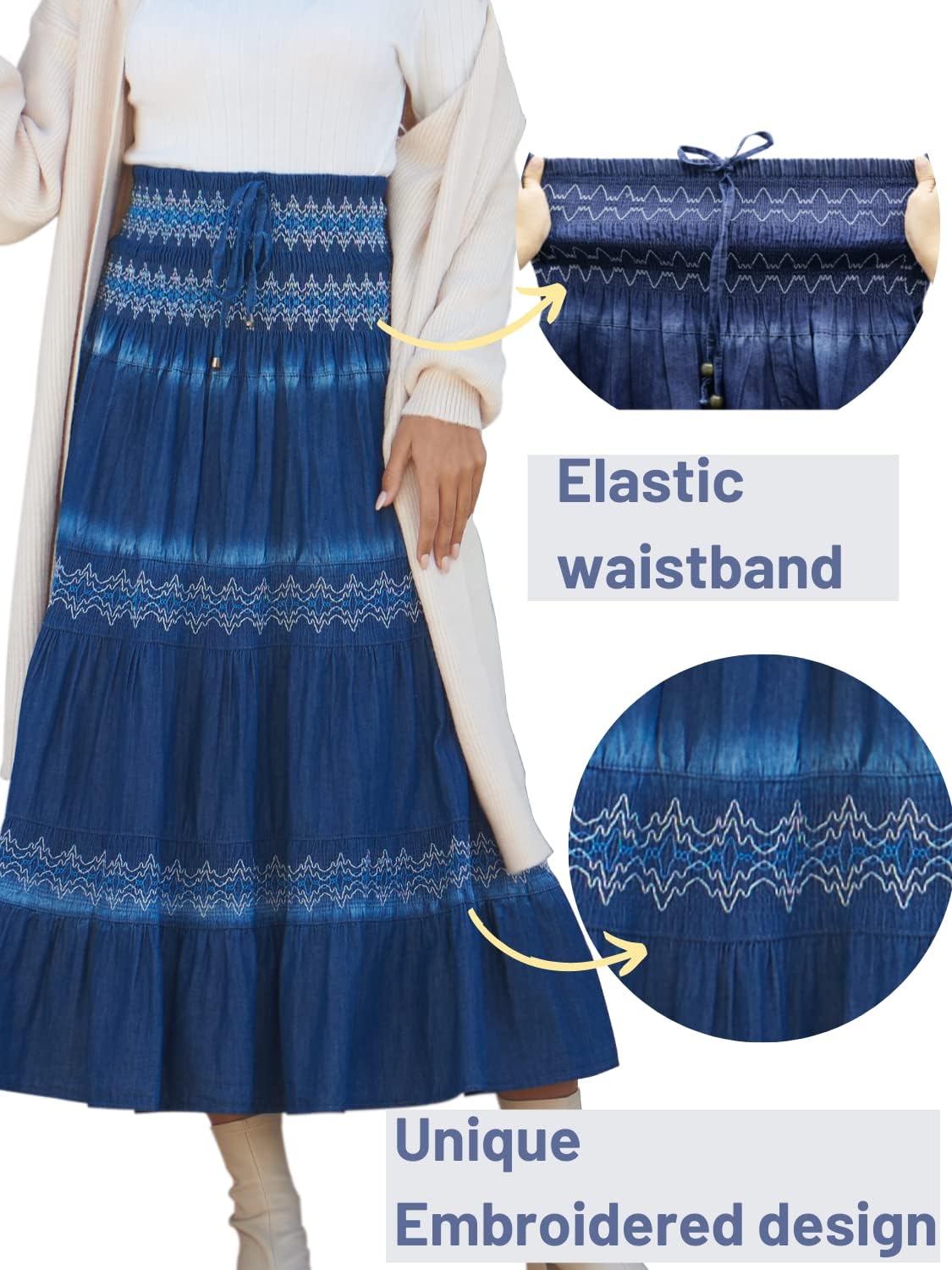 DREFBUFY Maxi Skirt Womens High Waist Pleated Tiered Long Skirts Denim Casual Style Midi Dress for Women - Image 4