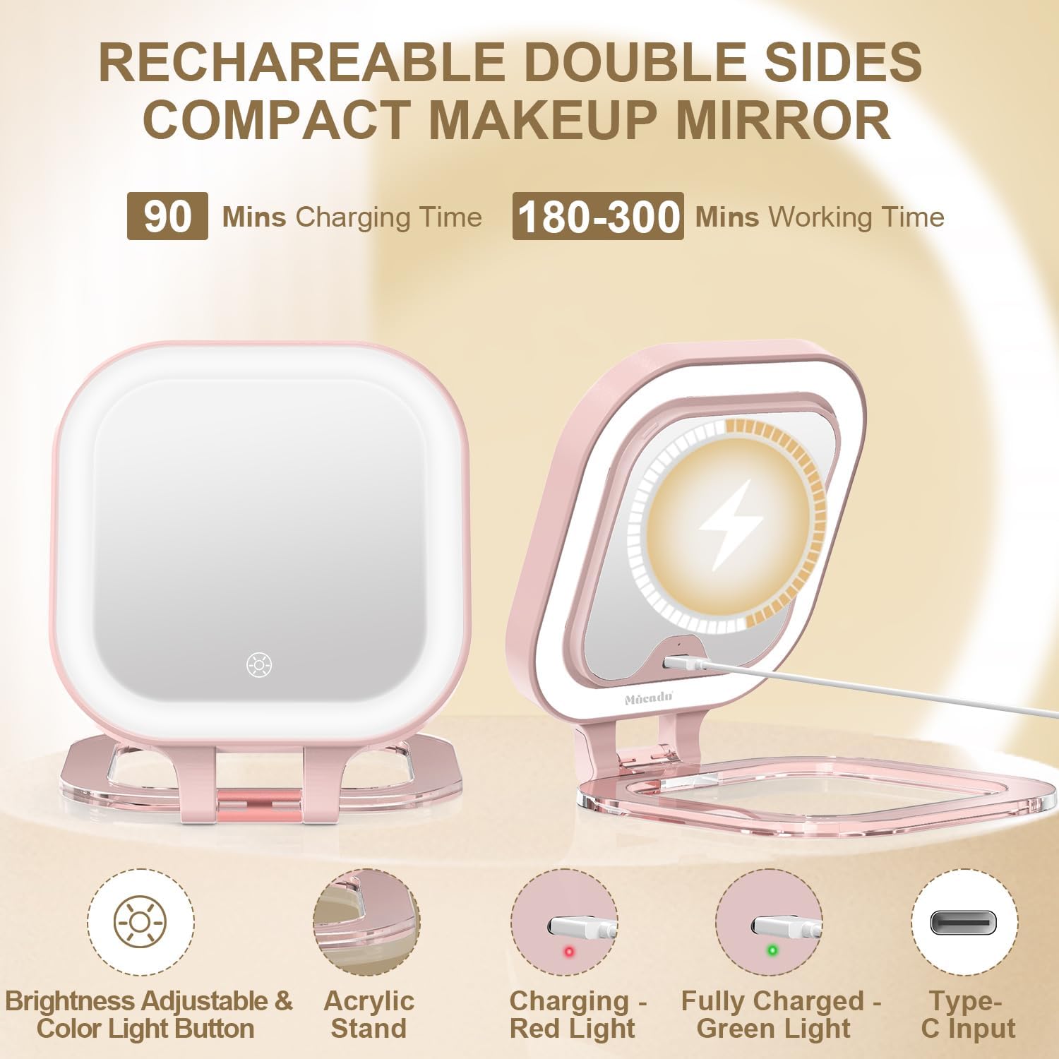 Mocado Compact Travel Makeup Mirror, 1X/30X Magnifying Mirror with Light, Double Sides Compact Mirror with 3 Color Light, Dimmable Handheld Mirror, Rechargeable Travel for Purse,Pocket(Pink) - Image 6