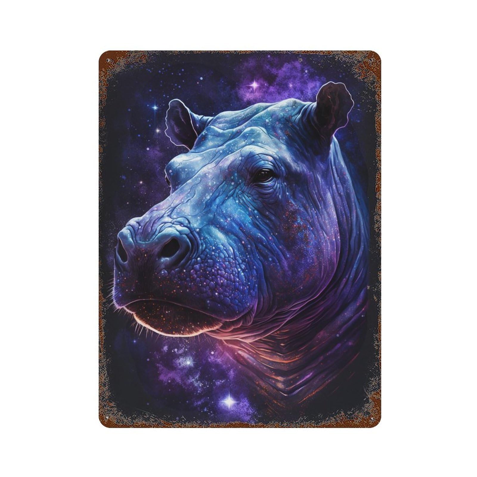Cosmic Hippo Portrait Art Print Rusty Metal Tin Sign 15.7"x11.8", Shabby Chic Decor for Garage, Bar And Workshop Decor