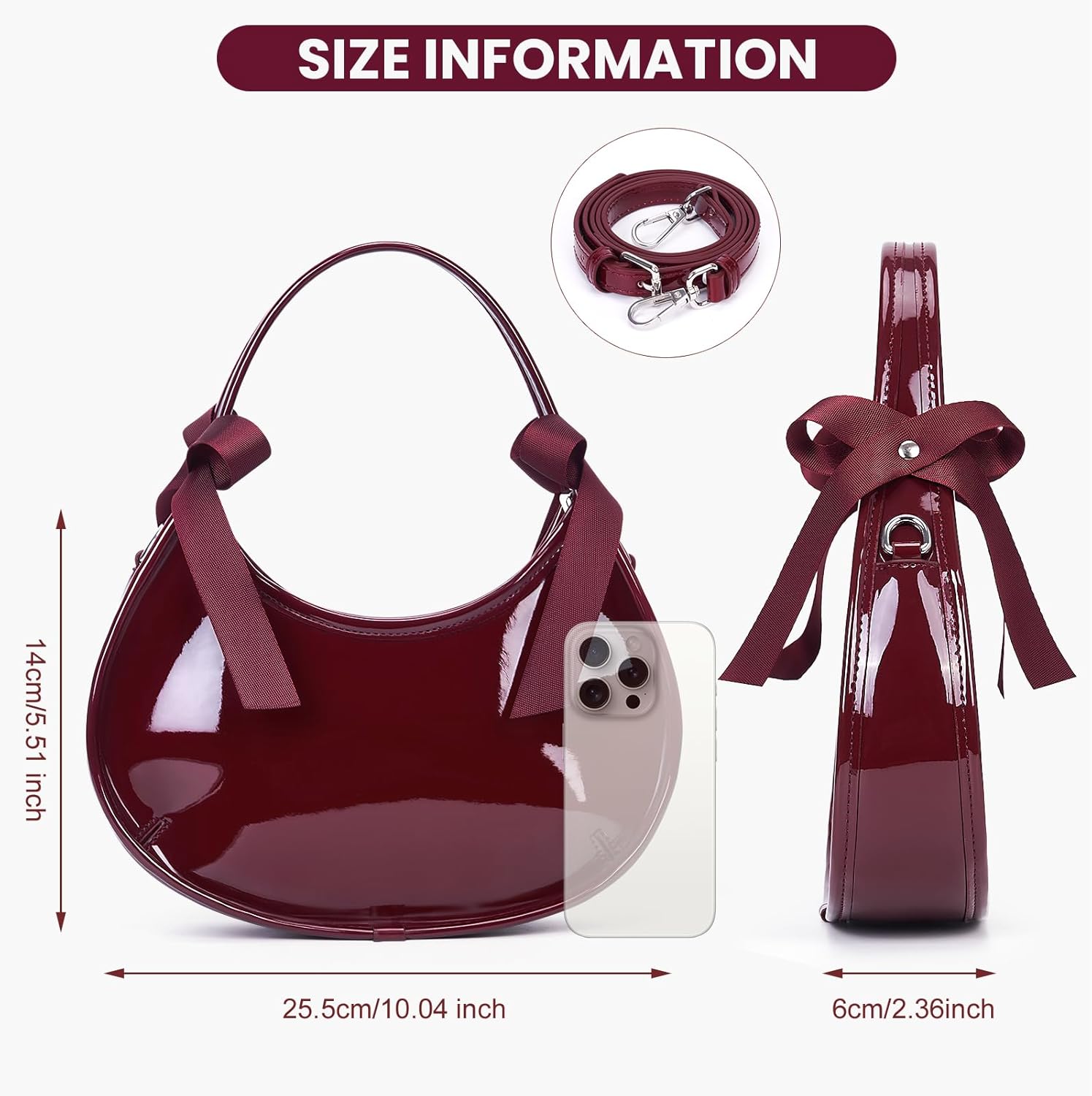 Burgundy Purse for Women Small Patent Leather Purse Y2k Shoulder Crossbody Bag Bow Tie Clutch Tote Purses