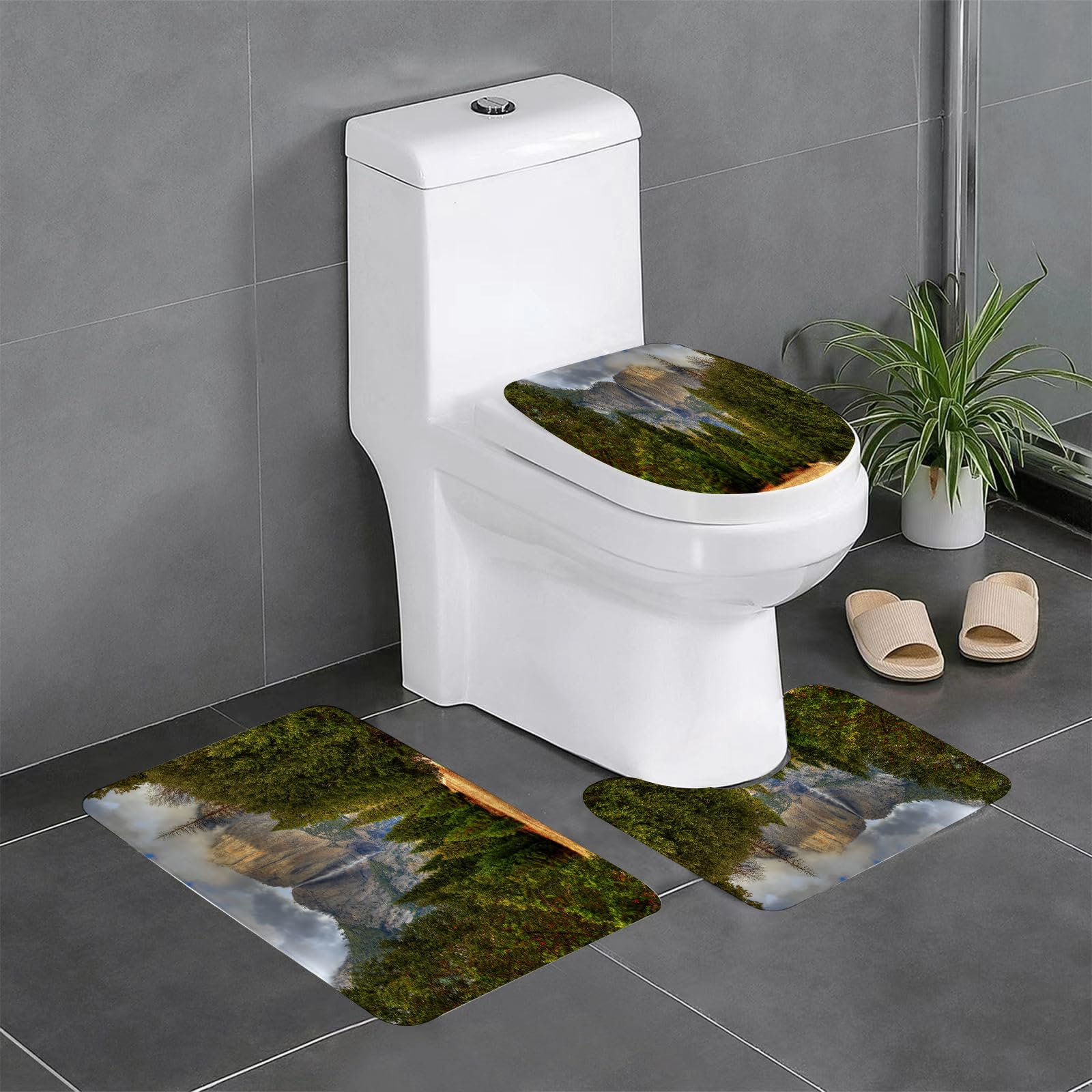 Set di 3 tappetini da Bagno, Lavabili in Lavatrice e Antiscivolo, in Morbida Fibra Superfine, con Motivi di Yosemite, cascate di Yosemite, Foresta sempreverde e Paesaggio Autunnale