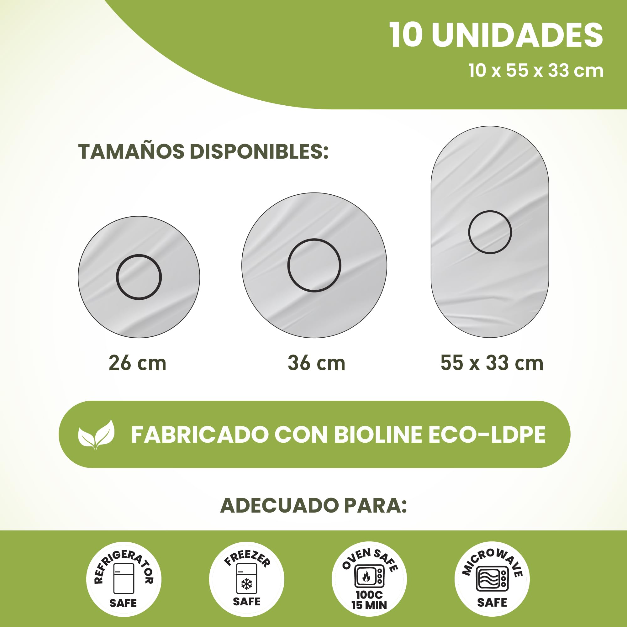 Culivac Cubiertas para Alimentos Bioline ECO-LDPE, banda elástica caucho natural, Bolsas para Tapar Alimentos, film transparente comida, cuencos, pasteles, hecho en Suecia, sin BPA, 10 uds 55x33 cm.