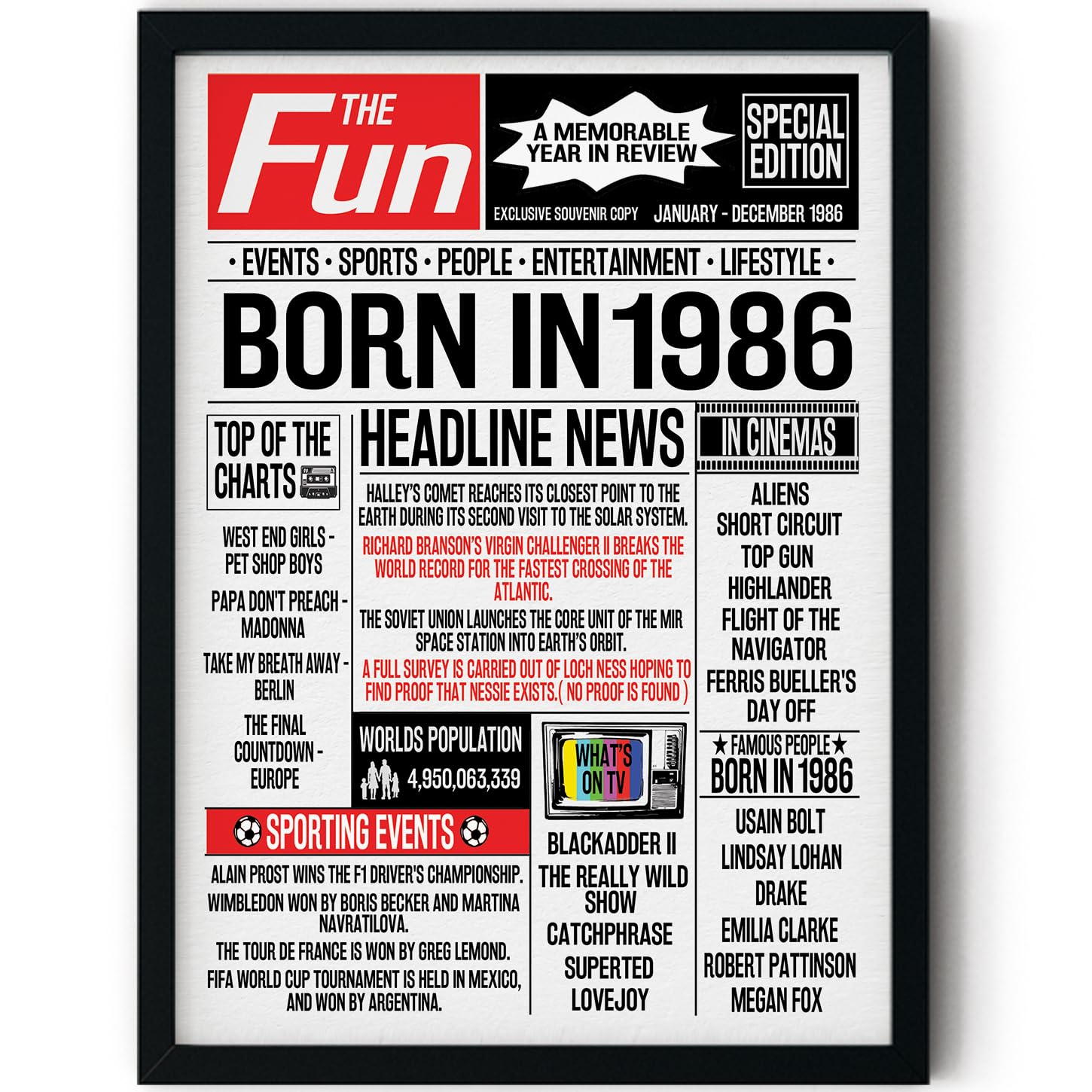 Stuff4 Women's 1986 40Th Birthday Poster Framed, Born In Newspaper