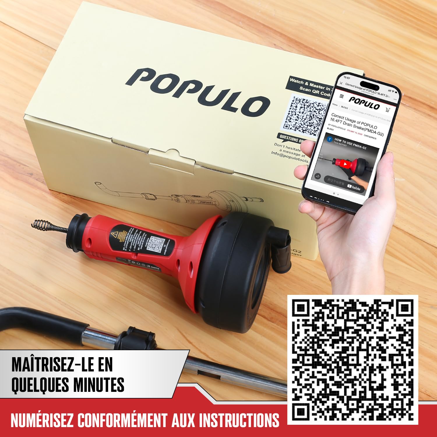 POPULO Furet Déboucheur Canalisation 5 m, Avance Automatique, Tube WC