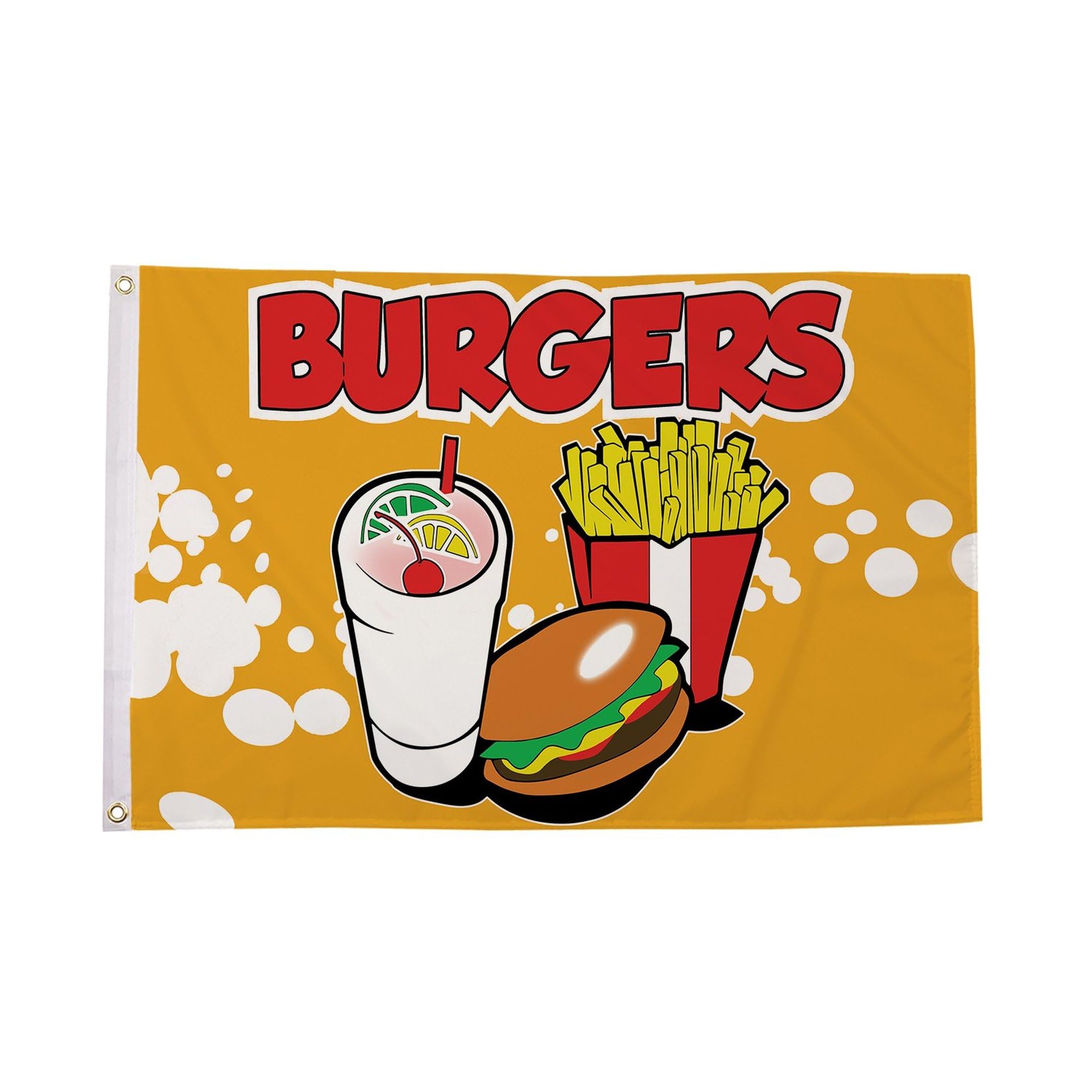Flagtex Burgers Flag 5ft x 3ft (150cm x 90cm) Premium 100gsm Polyester with Double Stitched Hems - Novelty Fast Food Flag, Burger Restaurant Banner, BBQ Garden Party Decoration