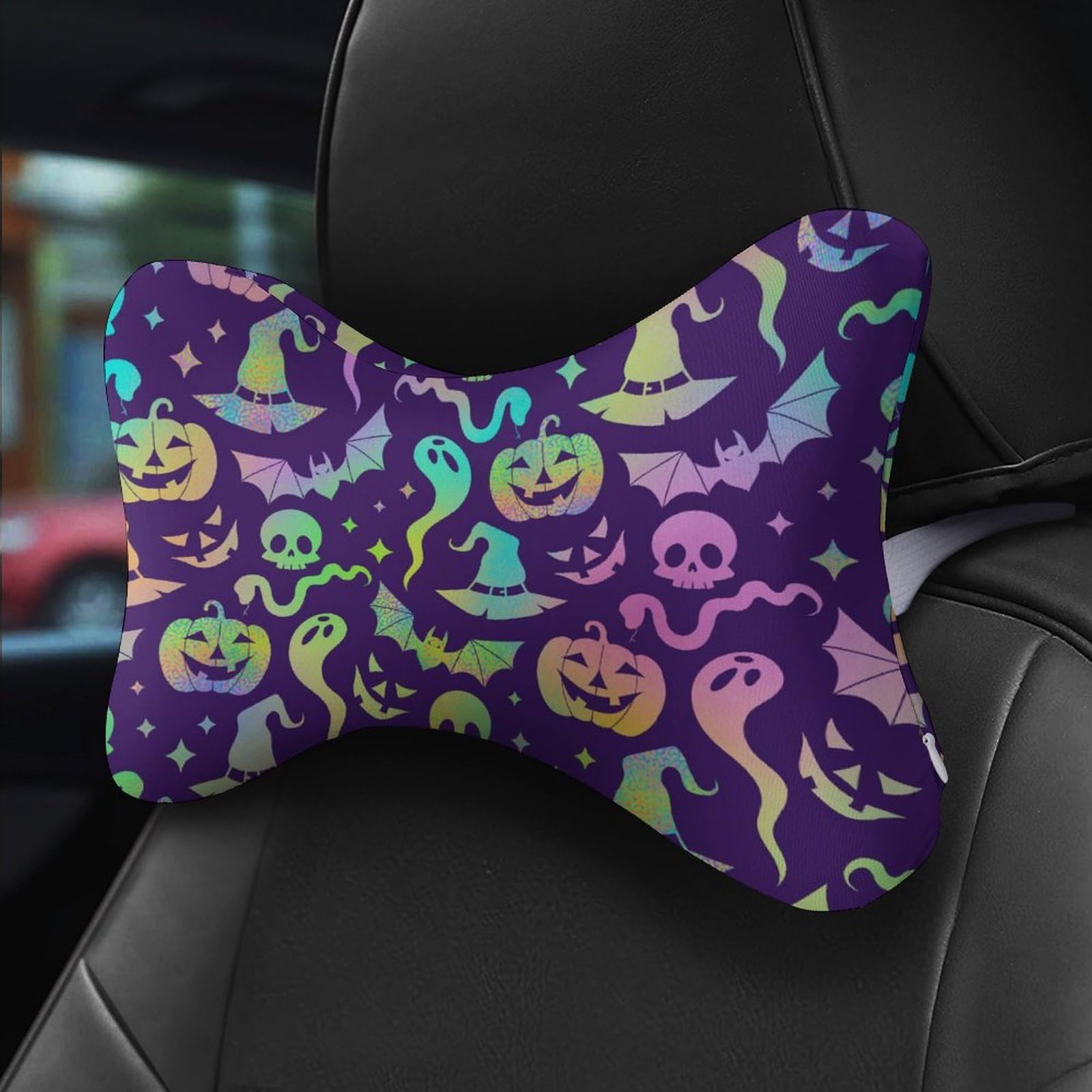 SMAZDFXX Halloween Colorful Ghost Skull Pumpkin Bat Witch Car Neck Pillow Set of 2 Car Seat Head Support Cushion Bone Pillows with Elastic Strap