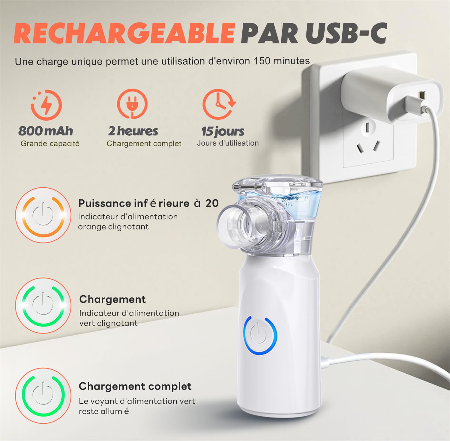 Nebulisateur pour Adultes, Nebulisateur Portable Rechargeable pour Adultes et Enfants, Inhalateur Silencieux pour Enfants avec 2 Masques et Embout Buccal, pour Usage Domestique et en Voyage