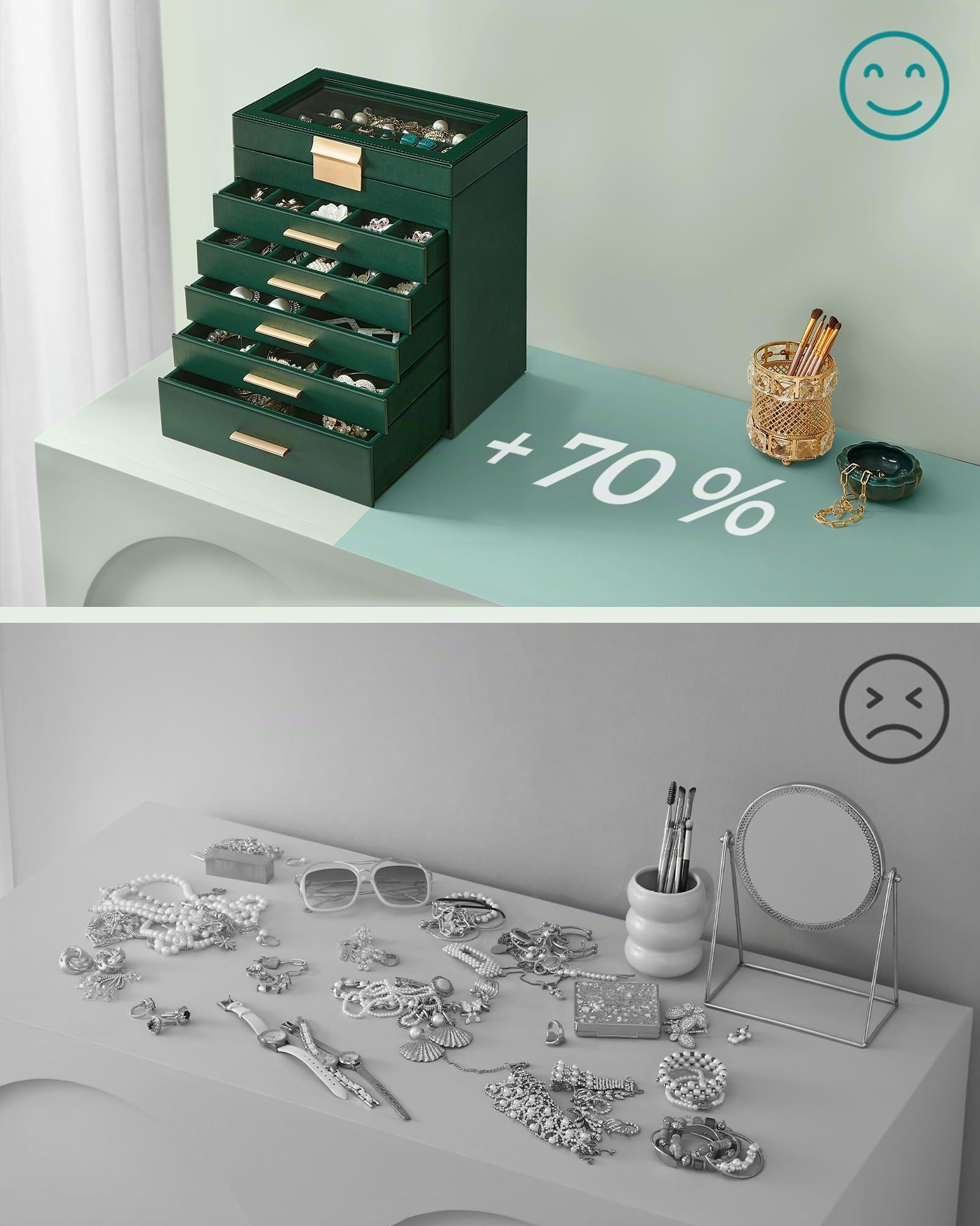 SONGMICS Colección GISELLA - Caja de Joyas, Caja Joyero de 6 Niveles, Estuche de Joyería, con 5 Cajones, Gran Capacidad, Estilo Moderno, Verde Bosque y Dorado, 16,3 x 25,1 x 29 cm JBC171C01